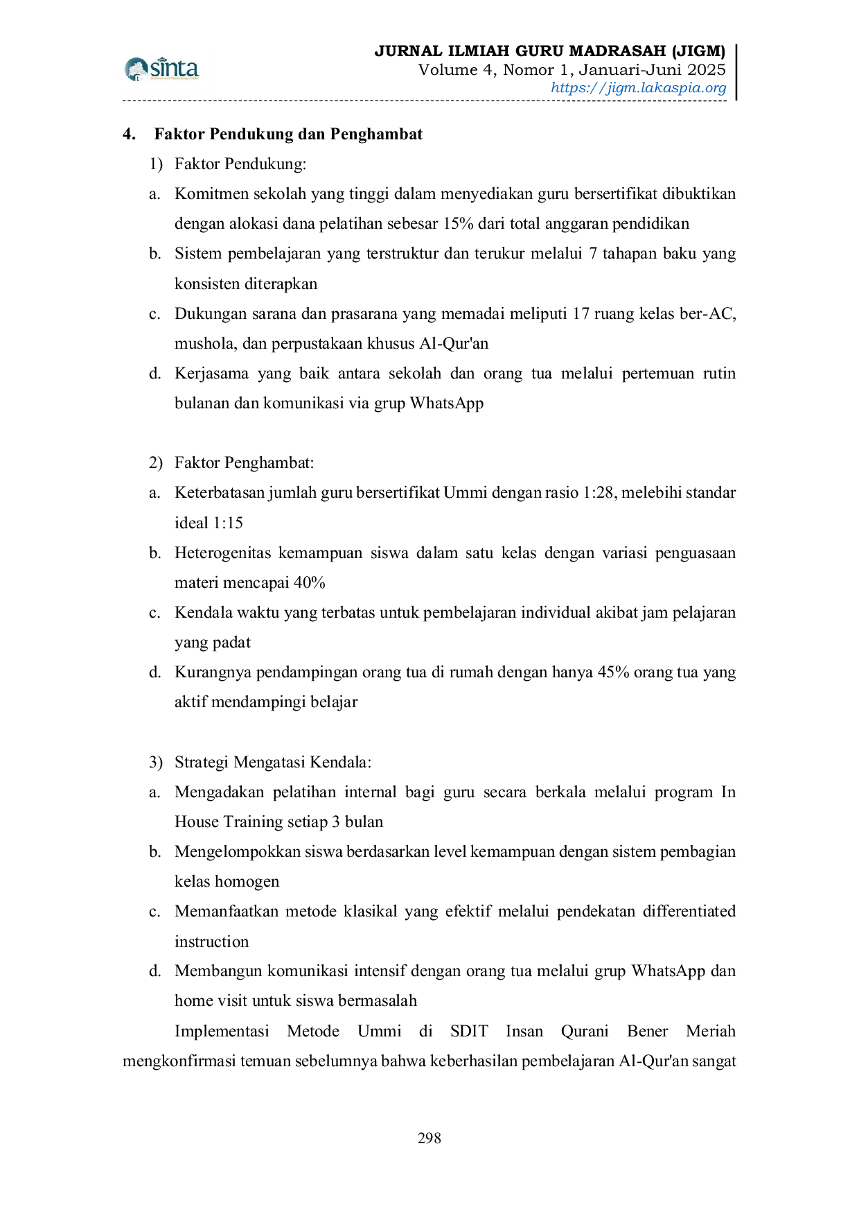 JURIS Implementasi Metode Ummi dalam Pembelajaran Al Qur an di SDIT Insan Qur ani Bener Meriah