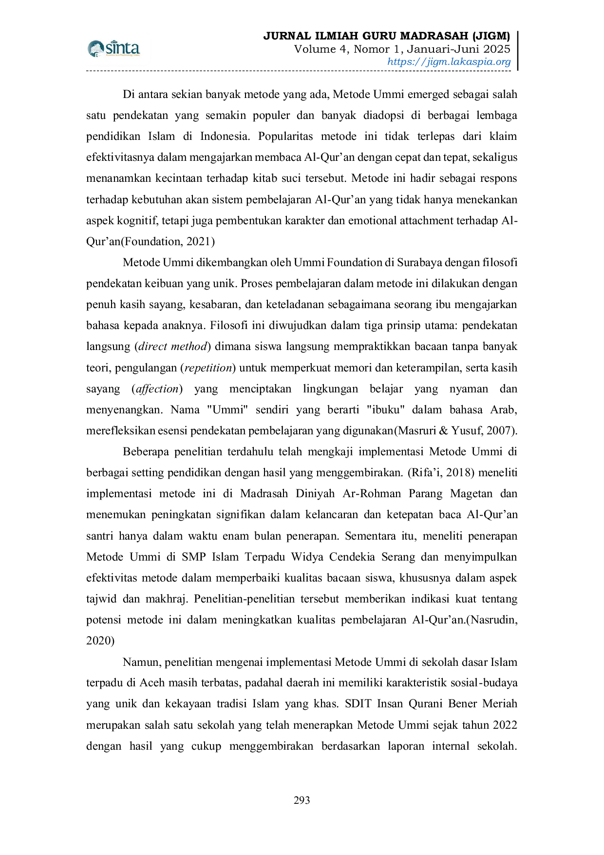 JURIS Implementasi Metode Ummi dalam Pembelajaran Al Qur an di SDIT Insan Qur ani Bener Meriah