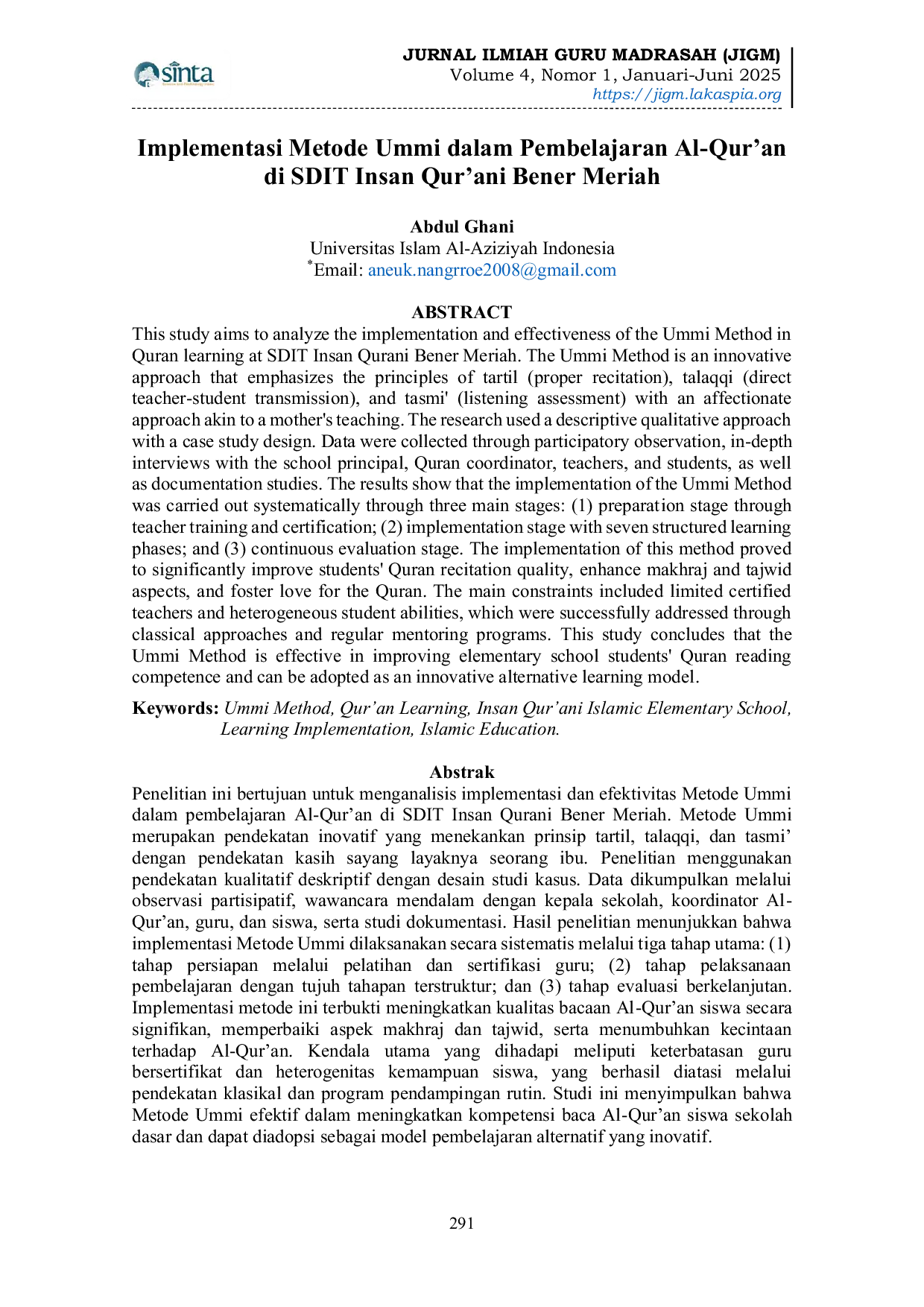 JURIS Implementasi Metode Ummi dalam Pembelajaran Al Qur an di SDIT Insan Qur ani Bener Meriah