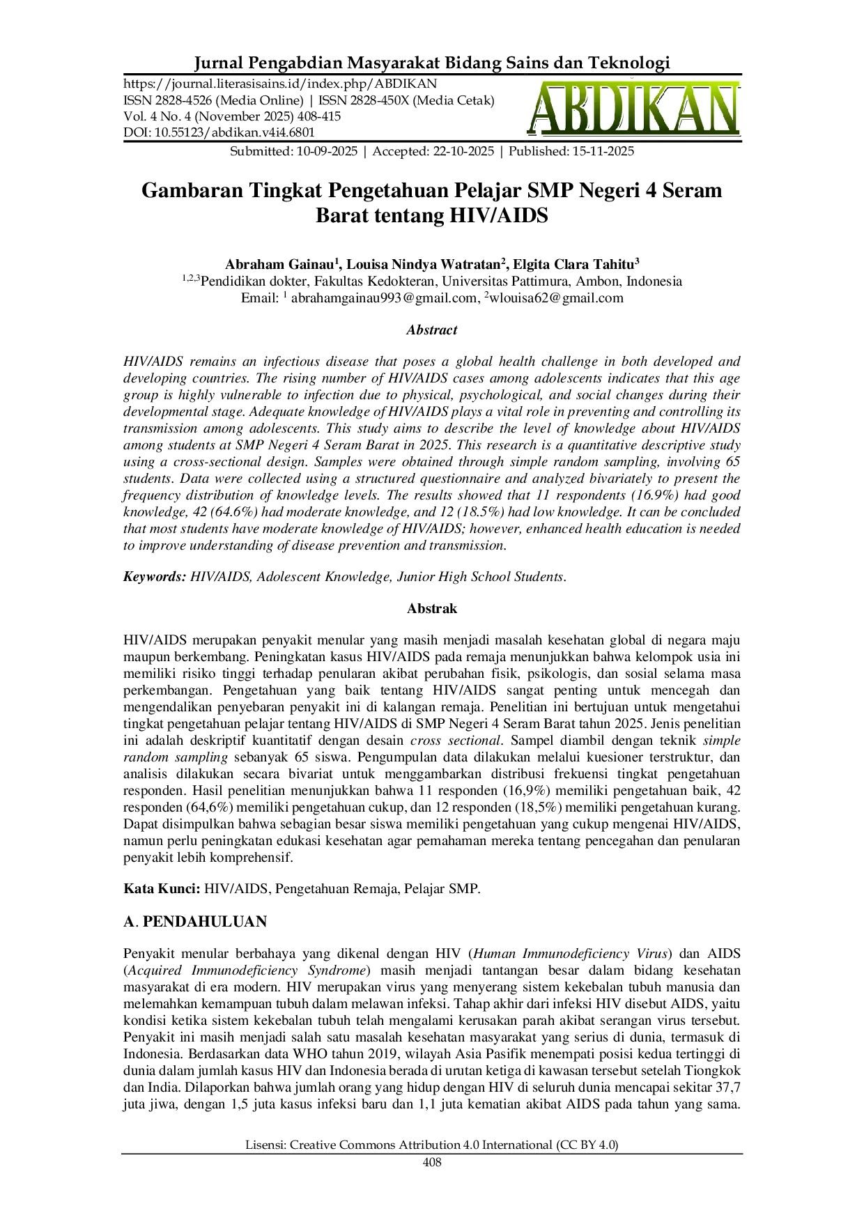 JURIS Gambaran Tingkat Pengetahuan Pelajar SMP Negeri 4 Seram Barat tentang HIV AIDS