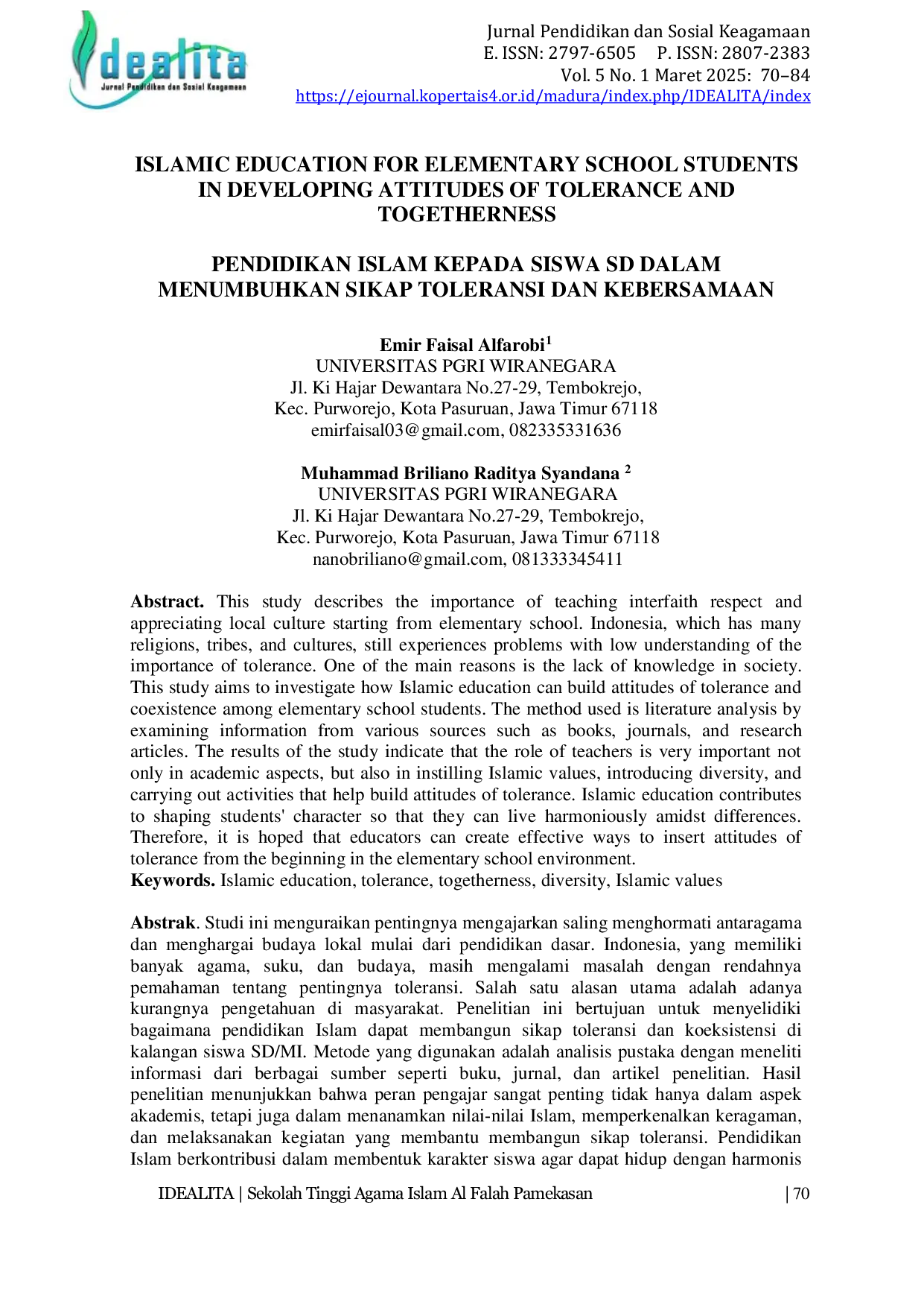 JURIS Islamic Education For Elementary School Students In Developing Attitudes Of Tolerance And Togetherness