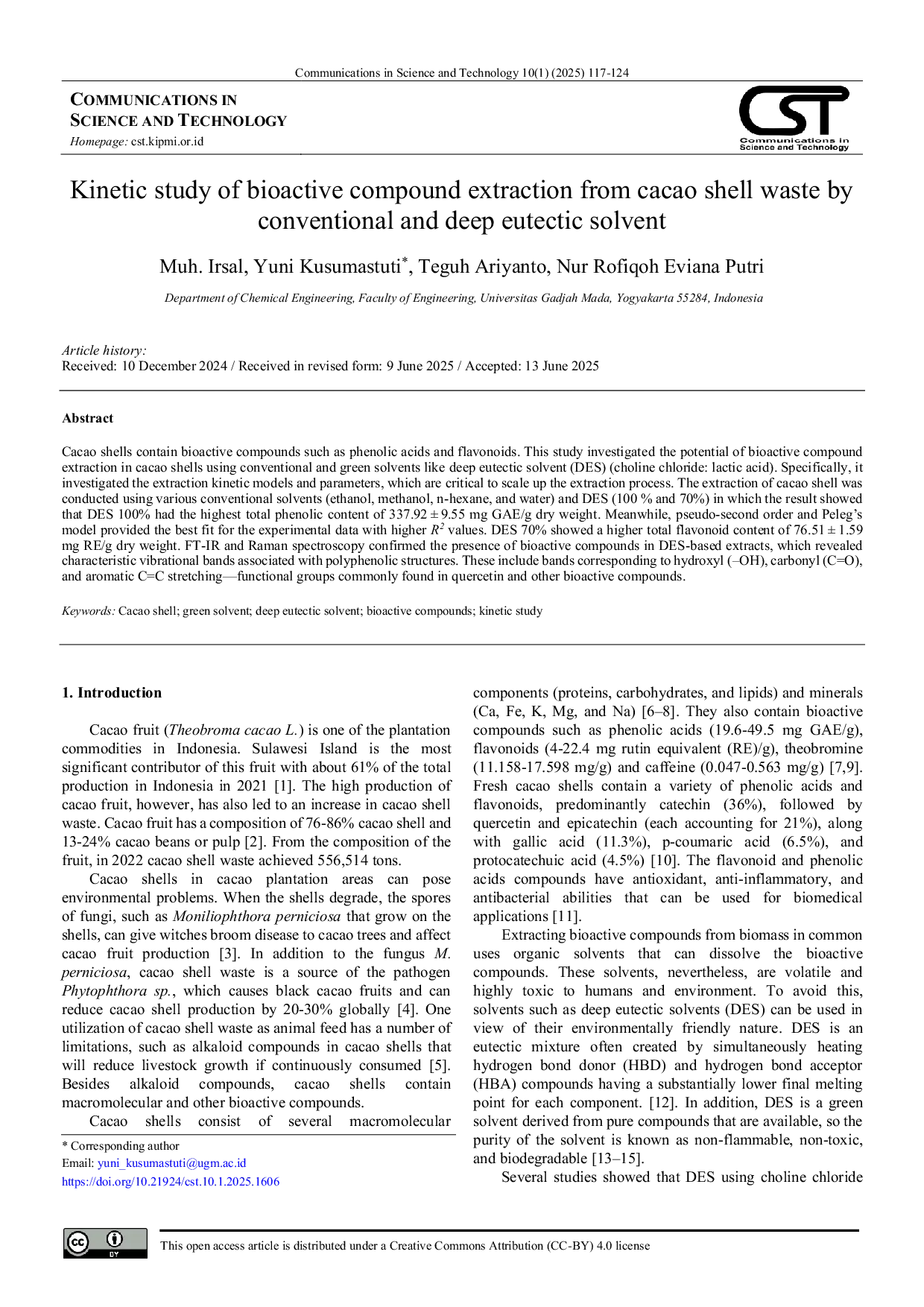 JURIS Kinetic study of bioactive compound extraction from cacao shell waste by conventional and deep eutectic solvent