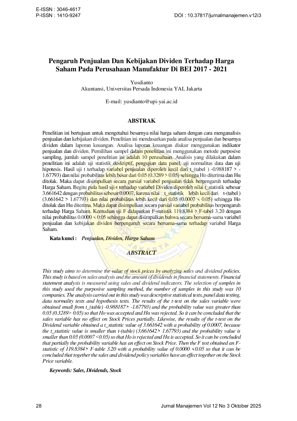 JURIS Pengaruh Penjualan Dan Kebijakan Dividen Terhadap Harga Saham Pada Perusahaan Manufaktur Di BEI 2017 2021