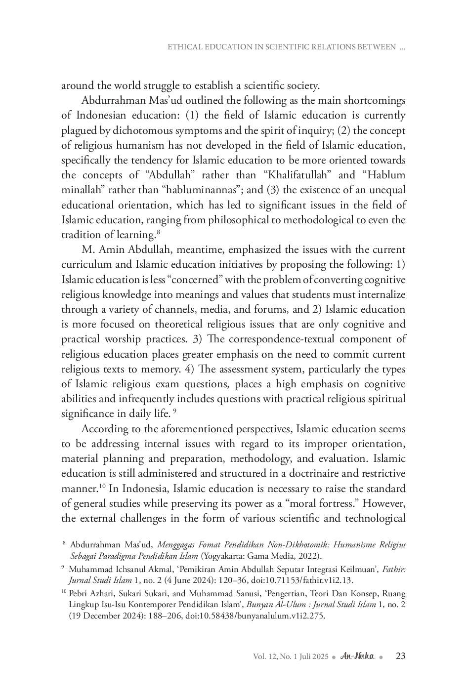 JURIS Ethical Education in Scientific Relations Between Al Kauniyyah and Ad Diniyyah Perspective Al Kilani on Islamic Education