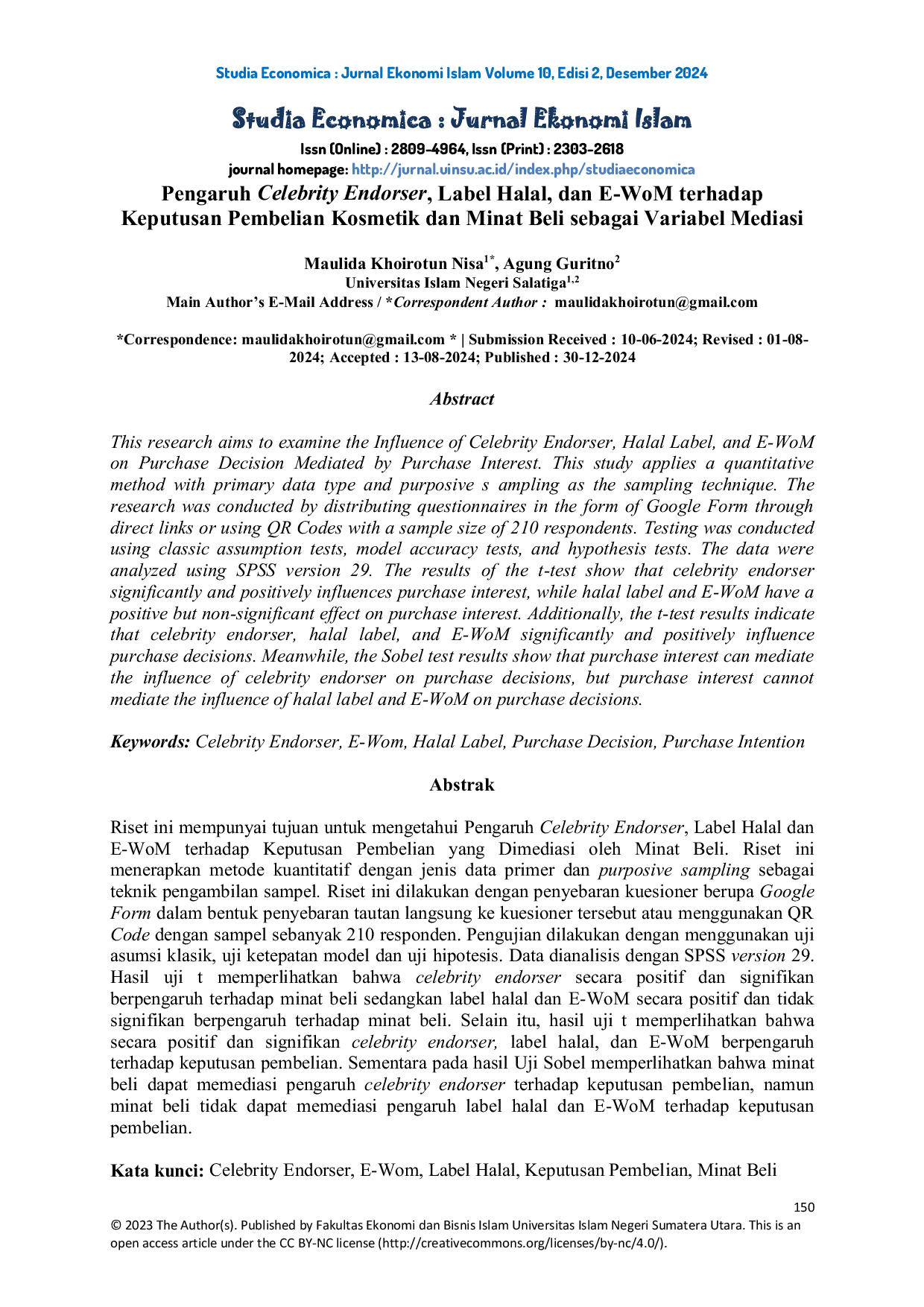 JURIS Pengaruh Celebrity Endorser Label Halal dan E WoM terhadap Keputusan Pembelian Kosmetik Scarlett Whitening dengan Minat Beli sebagai Variabel Mediasi