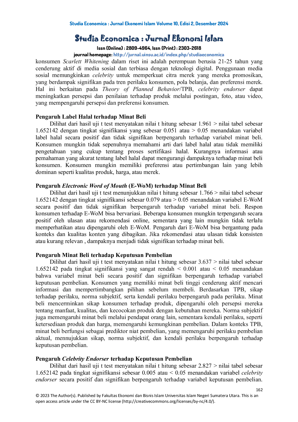 JURIS Pengaruh Celebrity Endorser Label Halal dan E WoM terhadap Keputusan Pembelian Kosmetik Scarlett Whitening dengan Minat Beli sebagai Variabel Mediasi