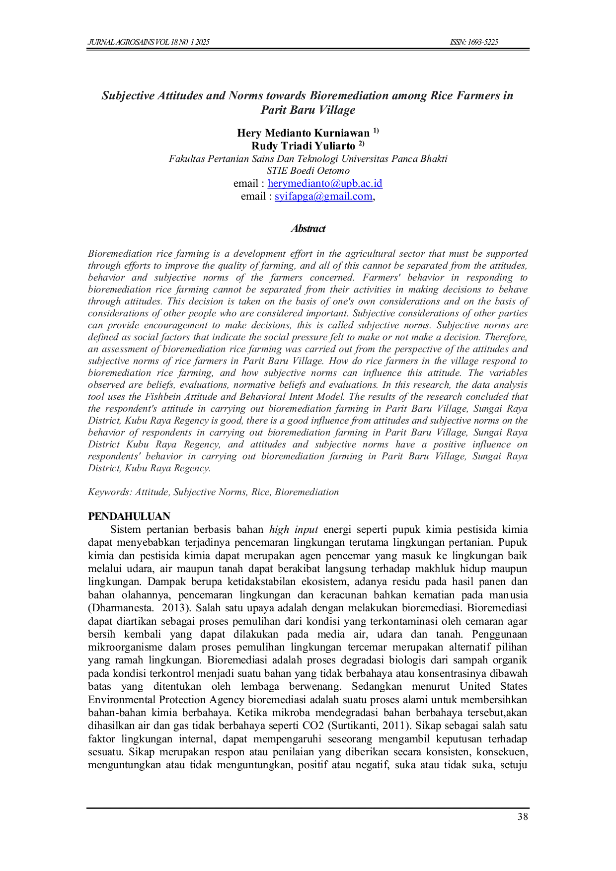 JURIS Subjective Attitudes and Norms towards Bioremediation among Rice Farmers in Parit Baru Village