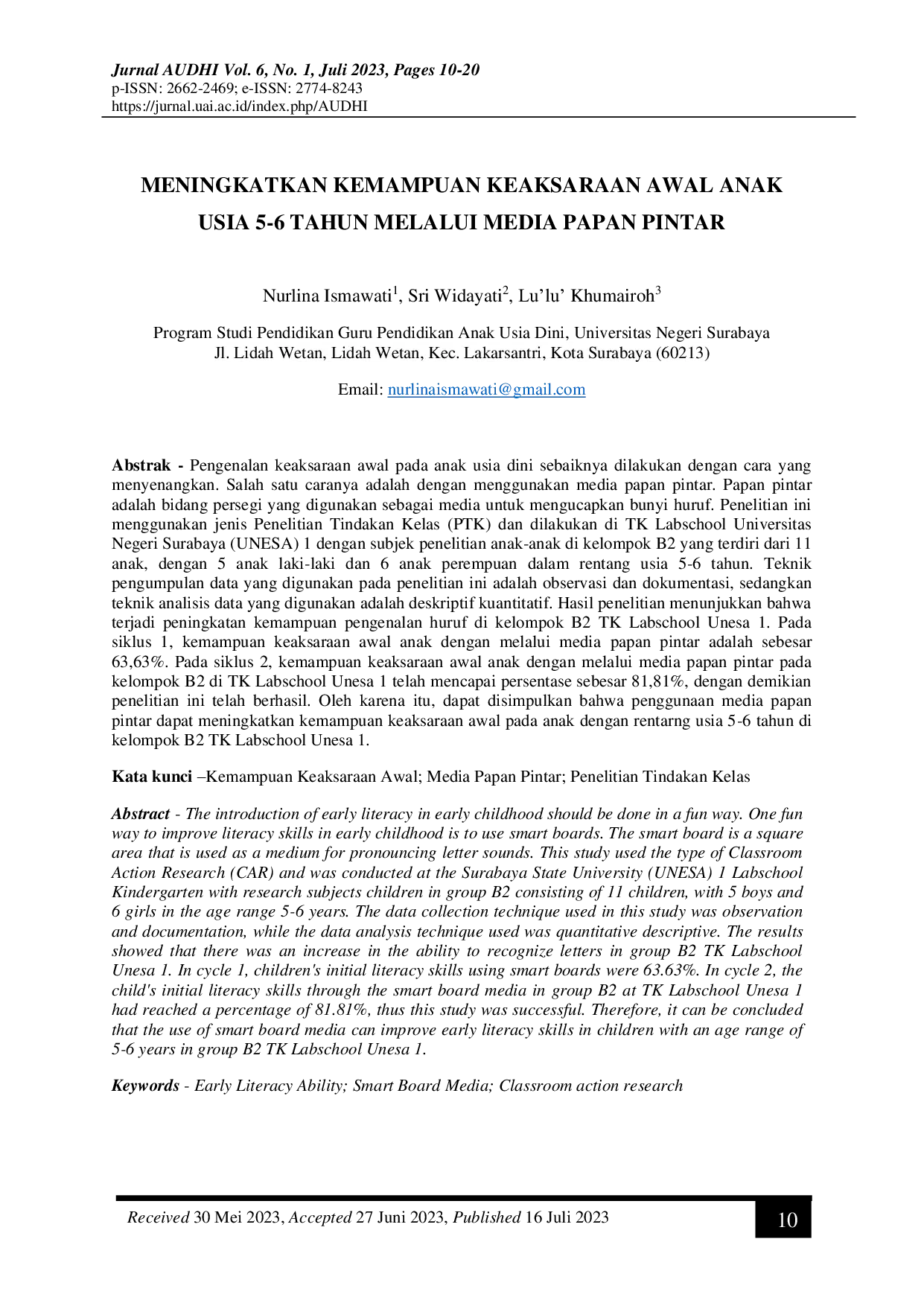 JURIS Meningkatkan Kemampuan Keaksaraan Awal Anak Usia 5 6 Tahun Melalui Media Papan Pintar