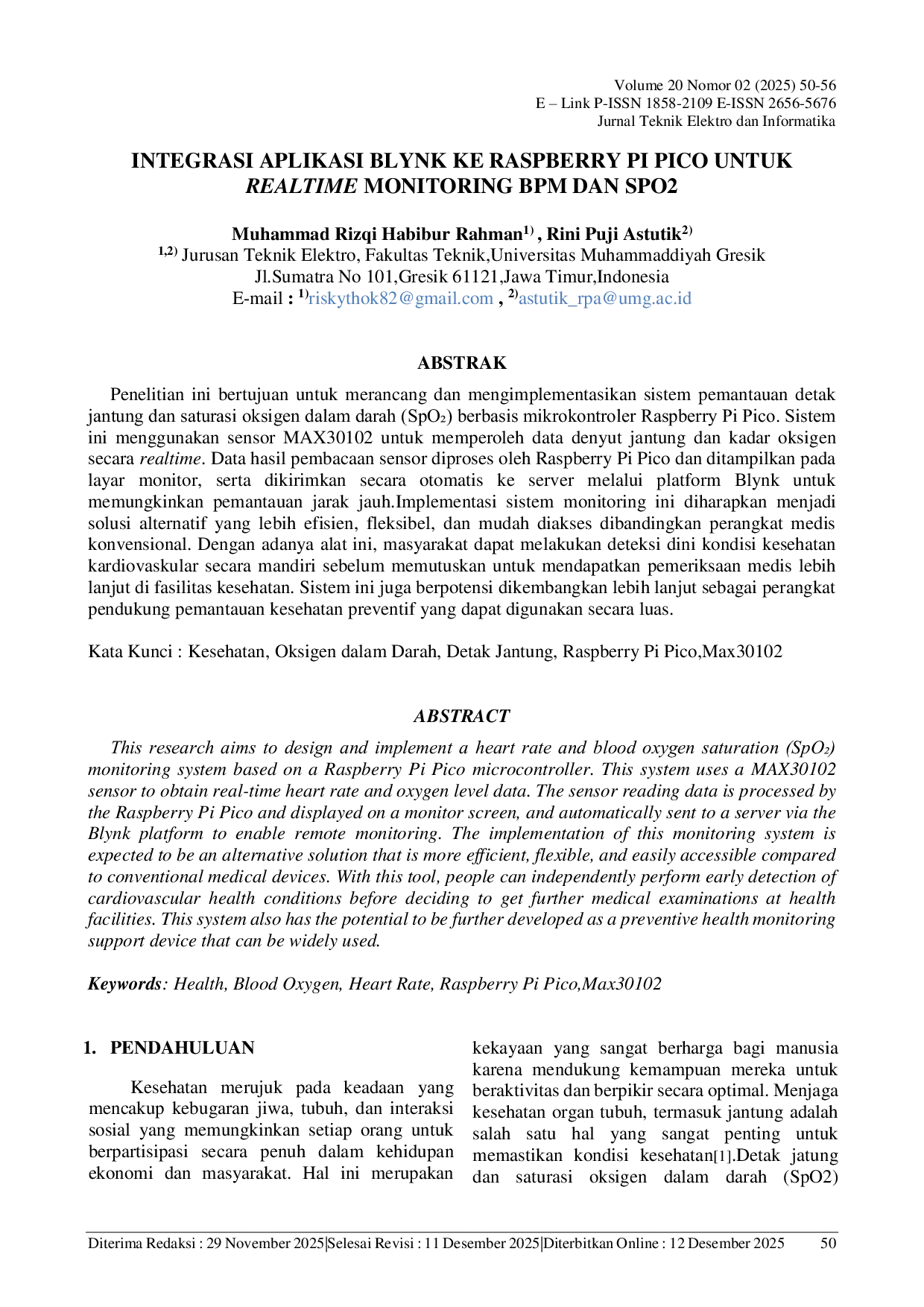 JURIS Integrasi Aplikasi Blynk ke Raspberry Pi Pico untuk Realtime Monitoring BPM dan SpO2