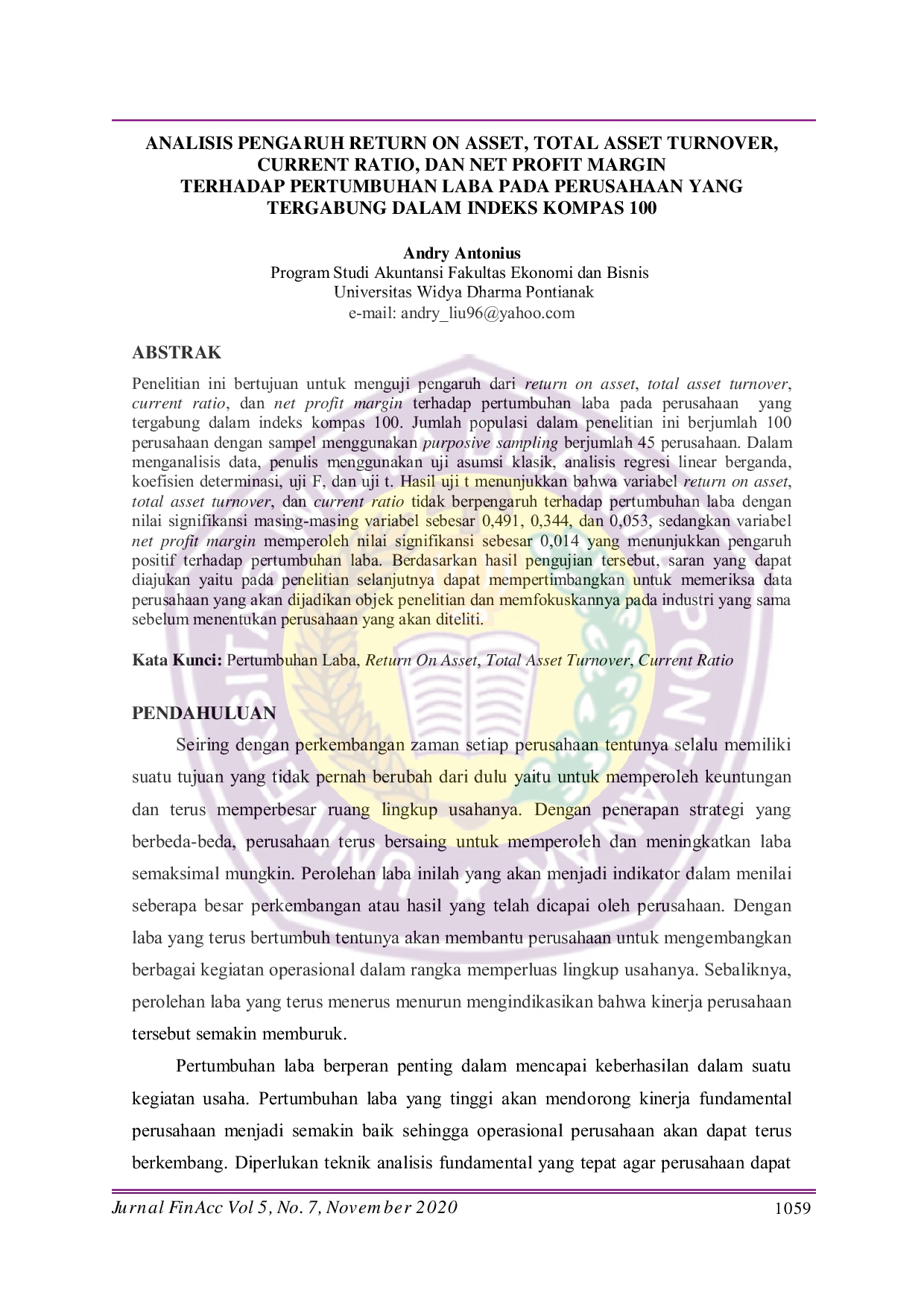 JURIS Analisis Pengaruh Return On Asset Total Asset Turnover Current Ratio Dan Net Profit Margin Terhadap Pertumbuhan Laba Pada Perusahaan Yang Tergabung Dalam Indeks Kompas 100