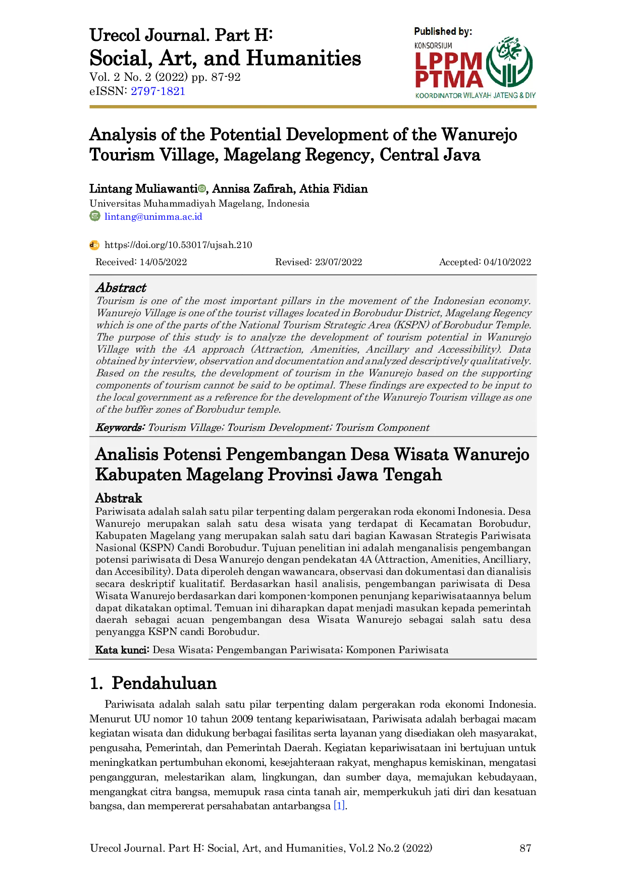 JURIS Analysis of the Potential Development of the Wanurejo Tourism Village Magelang Regency Central Java