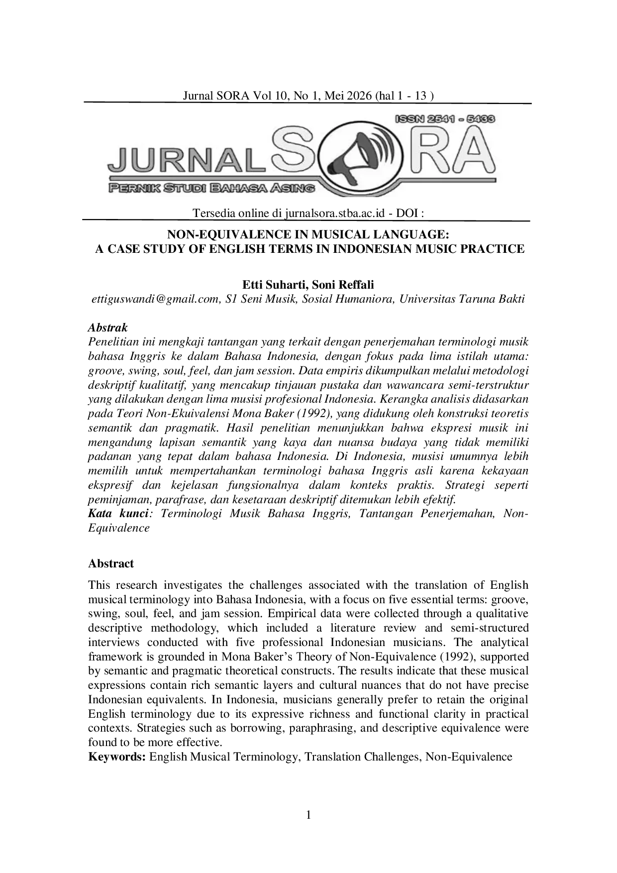 JURIS Non Equivalence In Musical Language A Case Study Of English Terms In Indonesian Music Practice