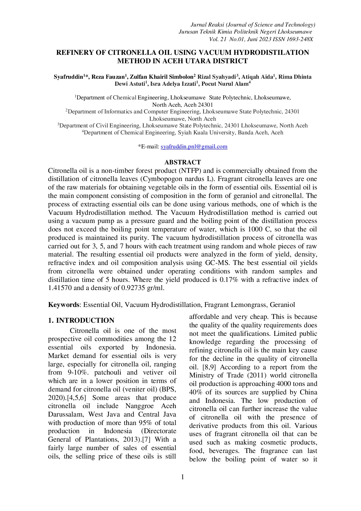 JURIS REFINERY OF CITRONELLA OIL USING VACUUM HYDRODISTILATION METHOD IN ACEH UTARA DISTRICT