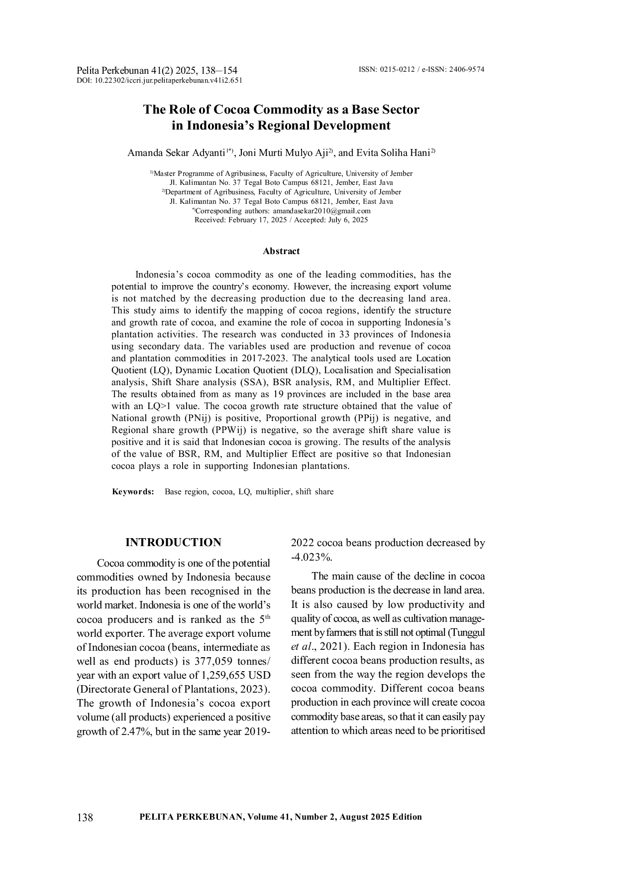 JURIS The Role of Cocoa Commodity as a Base Sector in Indonesia s Regional Development