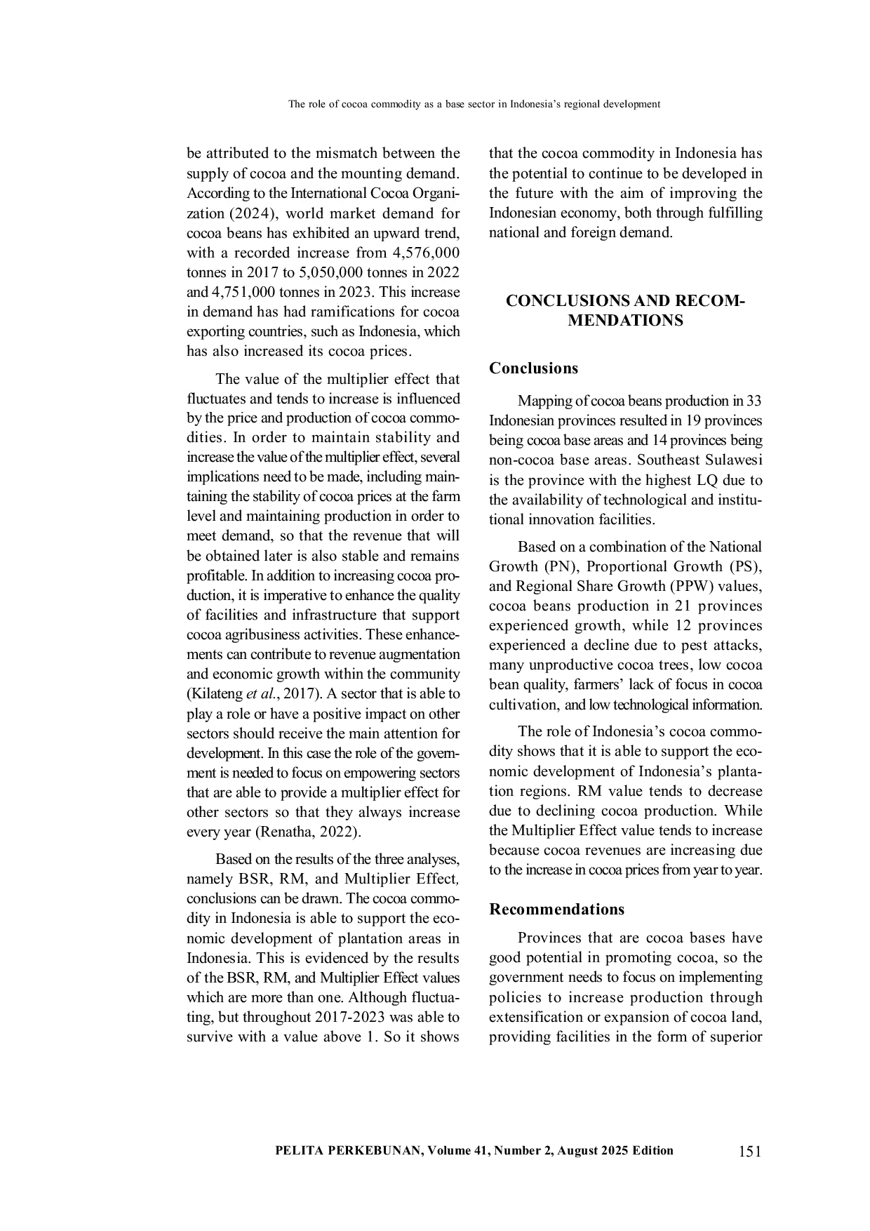 JURIS The Role of Cocoa Commodity as a Base Sector in Indonesia s Regional Development