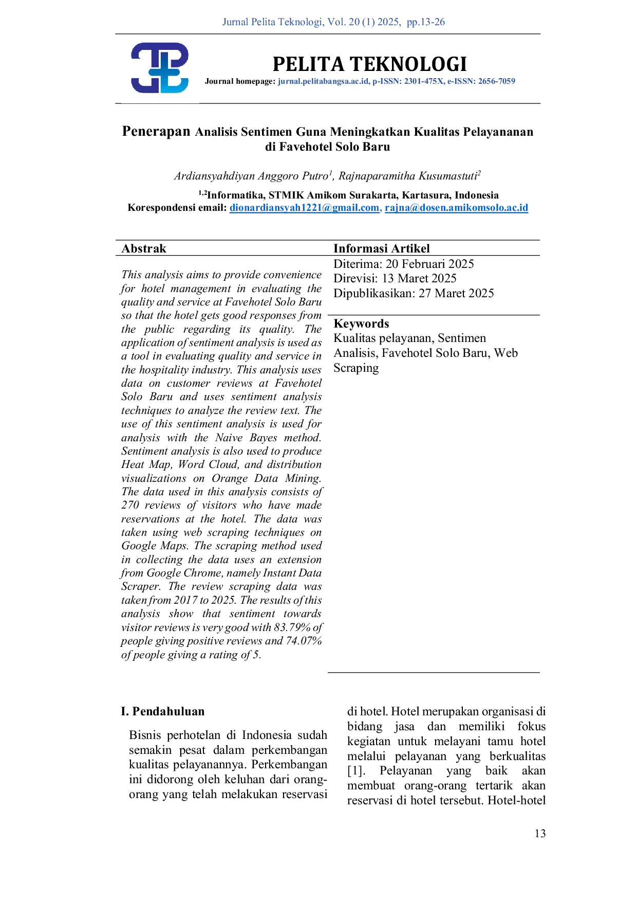 JURIS Penerapan Analisis Sentimen Guna Meningkatkan Kualitas Pelayananan di Favehotel Solo Baru