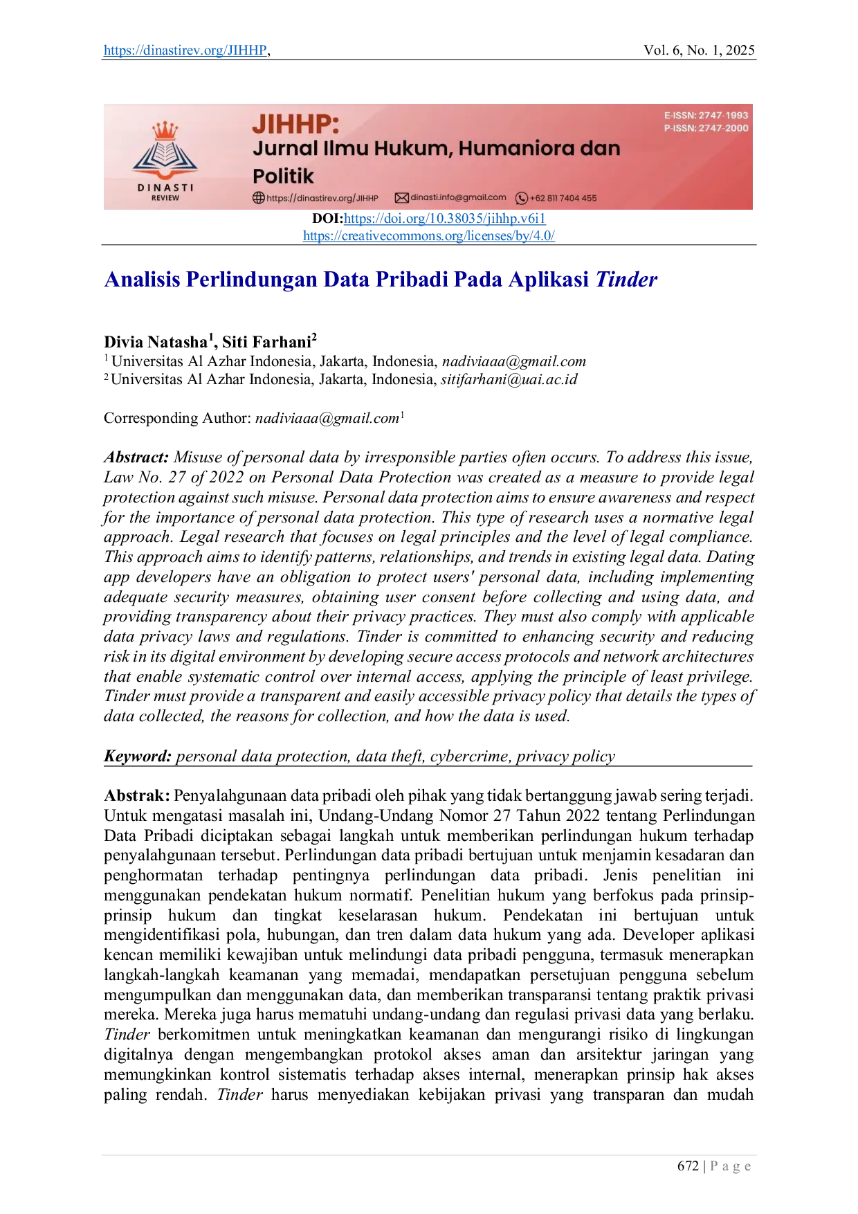 JURIS Analisis Perlindungan Data Pribadi Pada Aplikasi Tinder