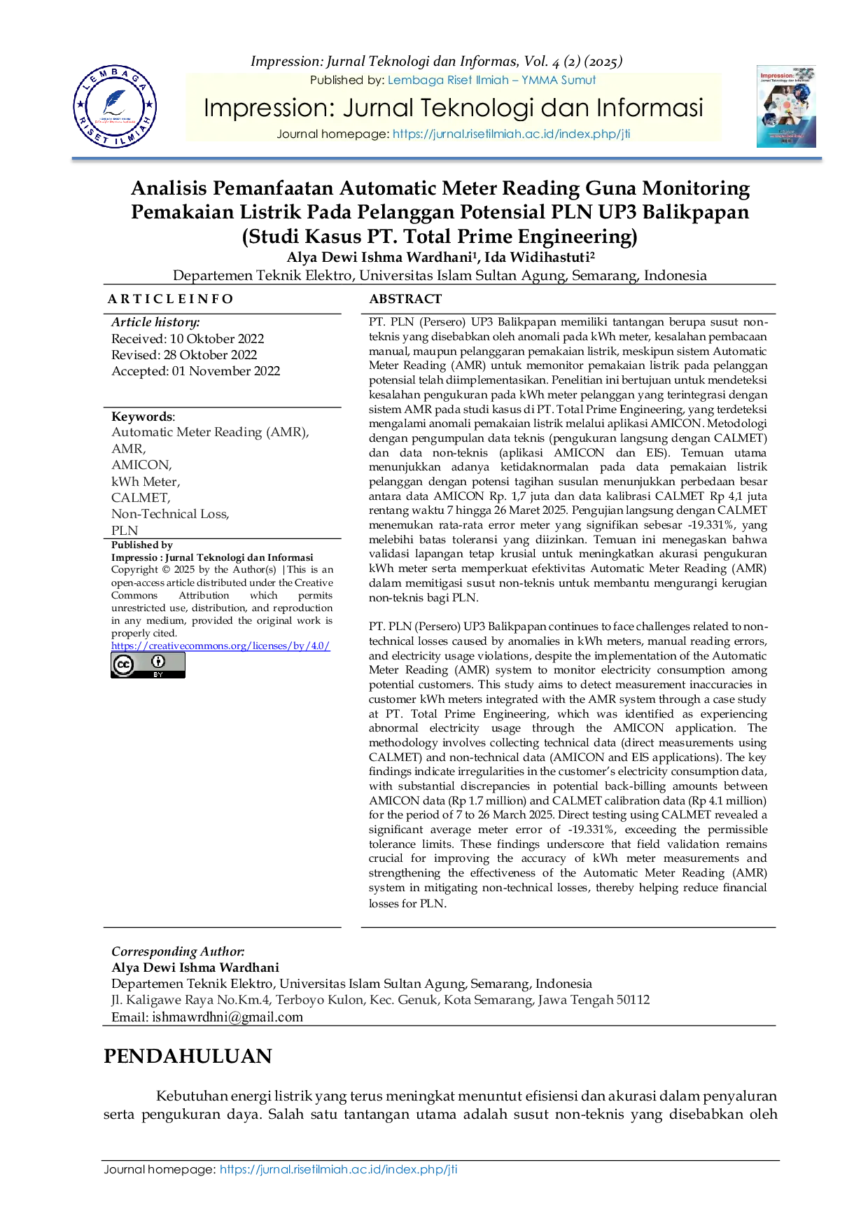 JURIS Analisis Pemanfaatan Automatic Meter Reading Guna Monitoring Pemakaian Listrik Pada Pelanggan Potensial PLN UP3 Balikpapan Studi Kasus PT Total Prime Engineering