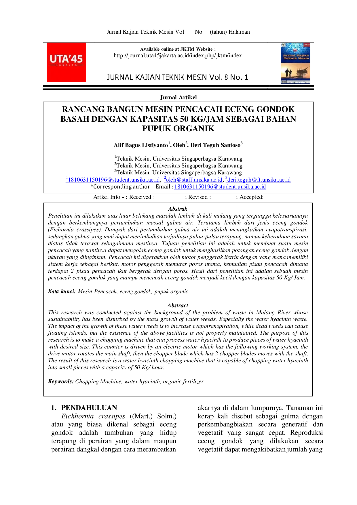 JURIS Rancang Bangun Mesin Pencacah Eceng Gondok Basah dengan Kapasitas 50 Kg Jam sebagai Bahan Pupuk Organik