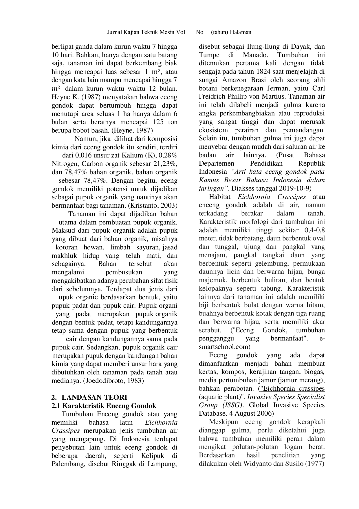 JURIS Rancang Bangun Mesin Pencacah Eceng Gondok Basah dengan Kapasitas 50 Kg Jam sebagai Bahan Pupuk Organik