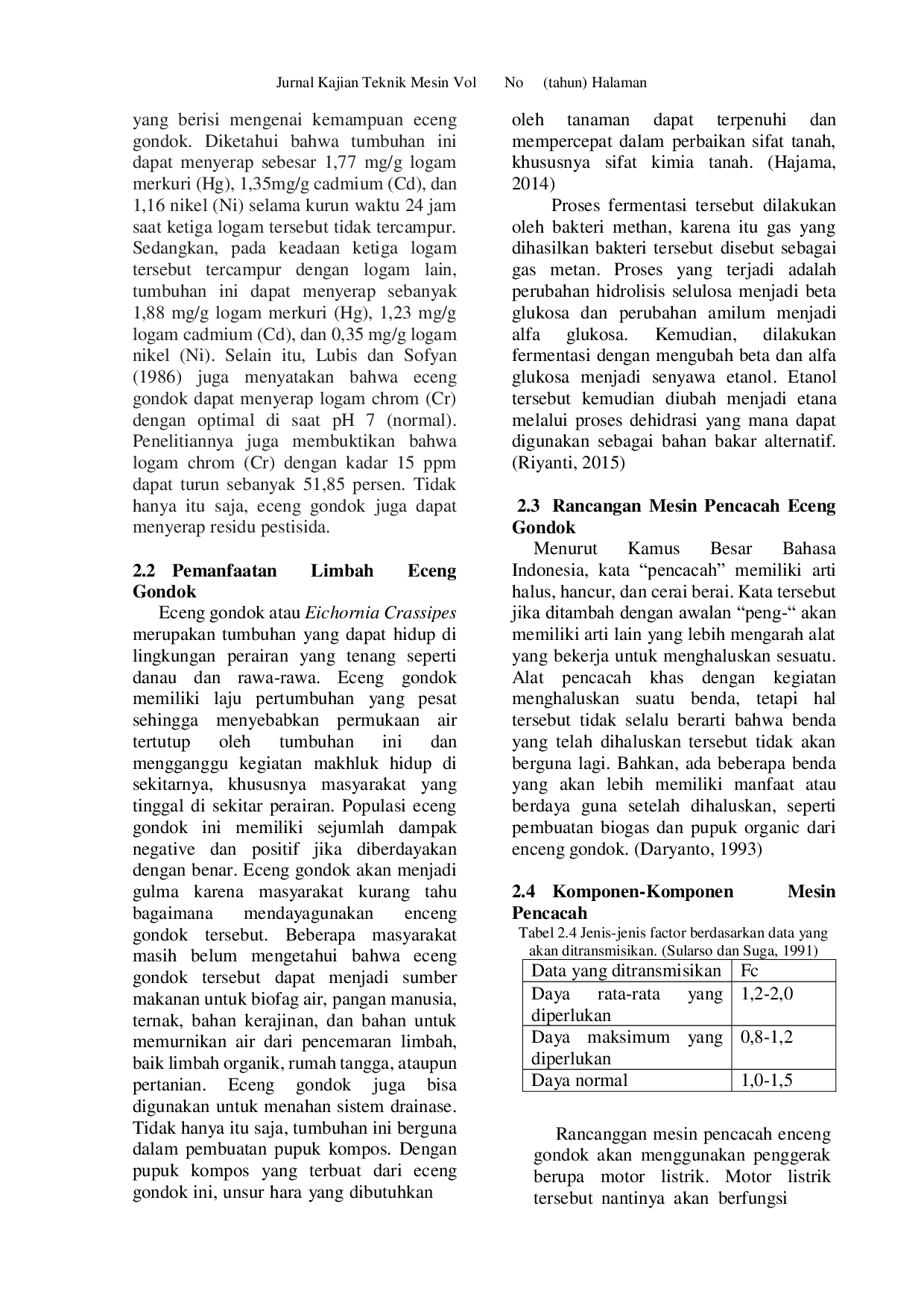 JURIS Rancang Bangun Mesin Pencacah Eceng Gondok Basah dengan Kapasitas 50 Kg Jam sebagai Bahan Pupuk Organik