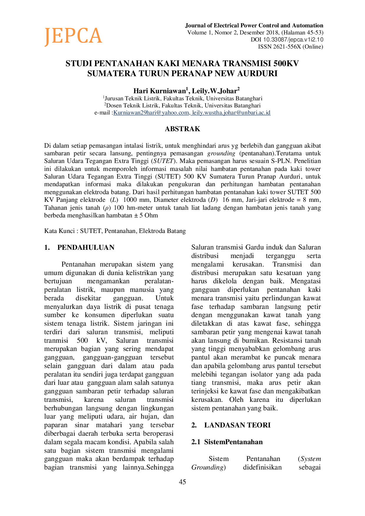 JURIS Studi Pentanahan Kaki Menara Transmisi 500kv Sumatera Turun Peranap New Aurduri