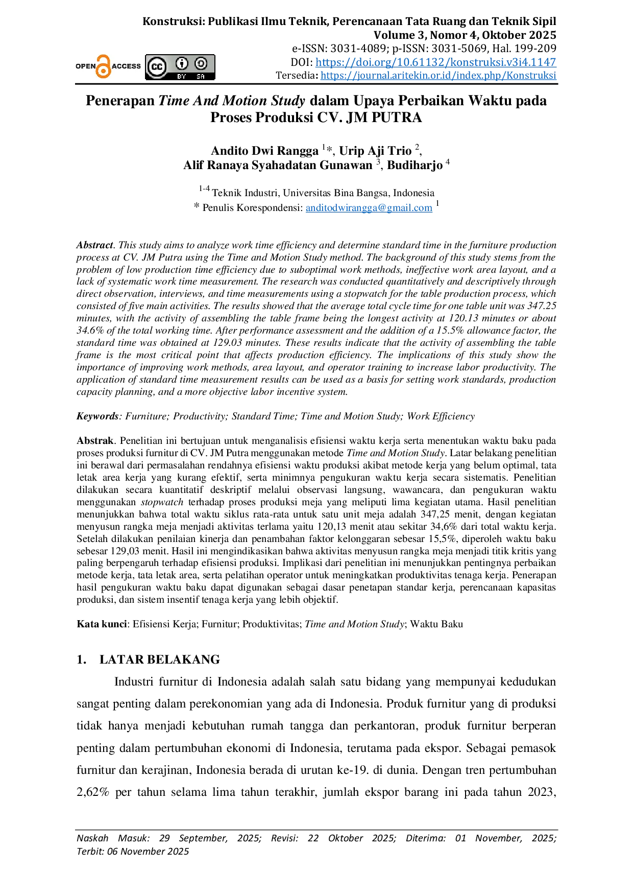 JURIS Penerapan Time And Motion Study dalam Upaya Perbaikan Waktu pada Proses Produksi CV JM PUTRA