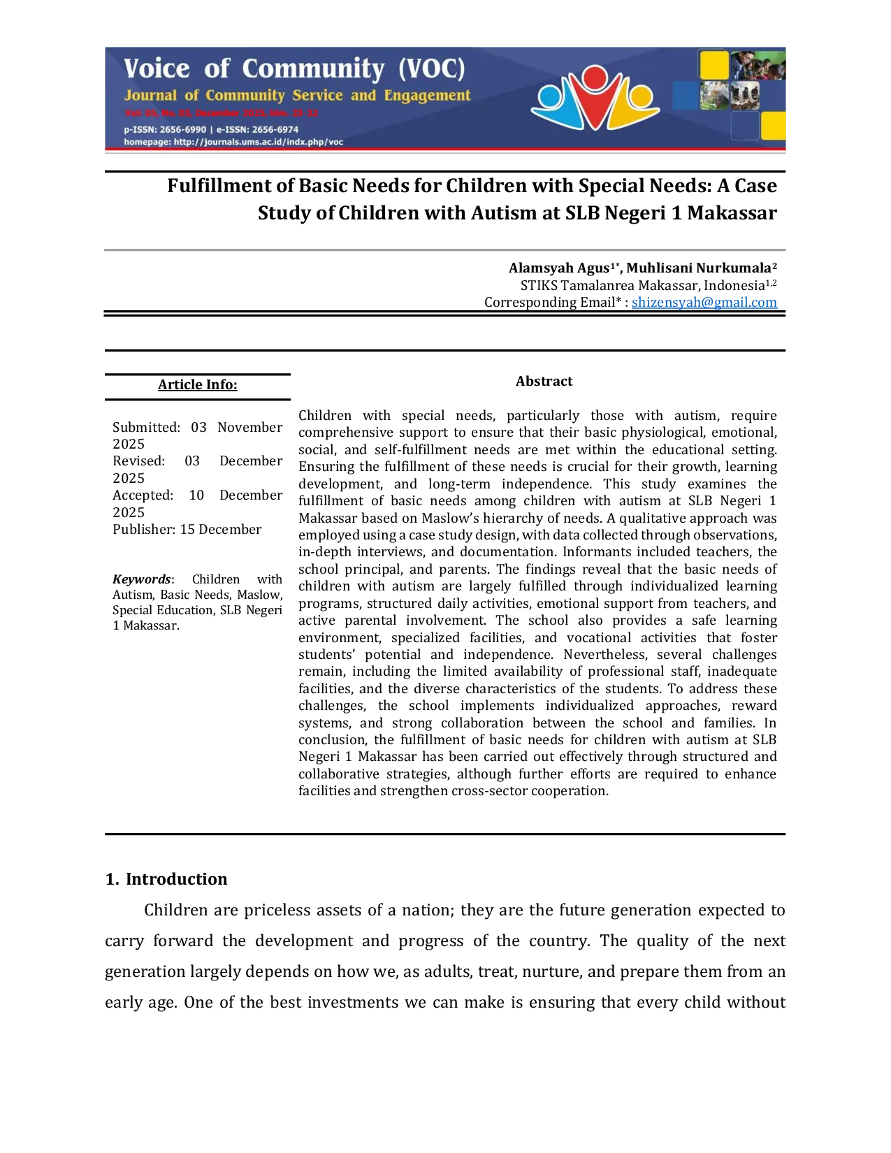 JURIS Fulfillment of Basic Needs for Children with Special Needs A Case Study of Children with Autism at SLB Negeri 1 Makassar