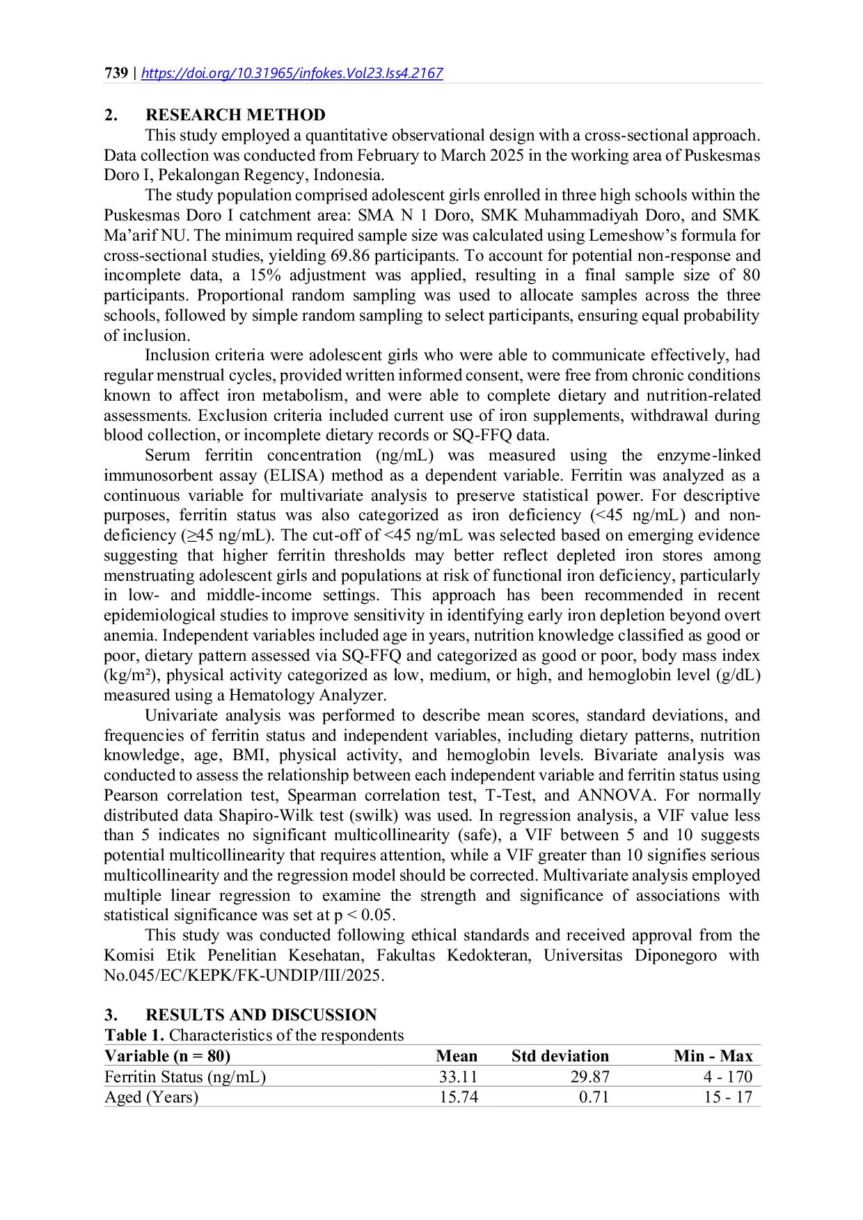 JURIS Dietary Patterns as Determinants of Ferritin Status in Adolescent Girls