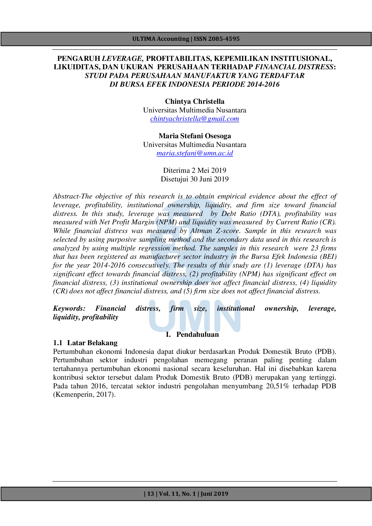 JURIS Pengaruh Leverage Profitabilitas Kepemilikan Institusional Likuiditas dan Ukuran Perusahaan Terhadap Financial Distress Studi Pada Perusahaan Manufaktur Yang Terdaftar Di Bursa Efek Indonesia Per