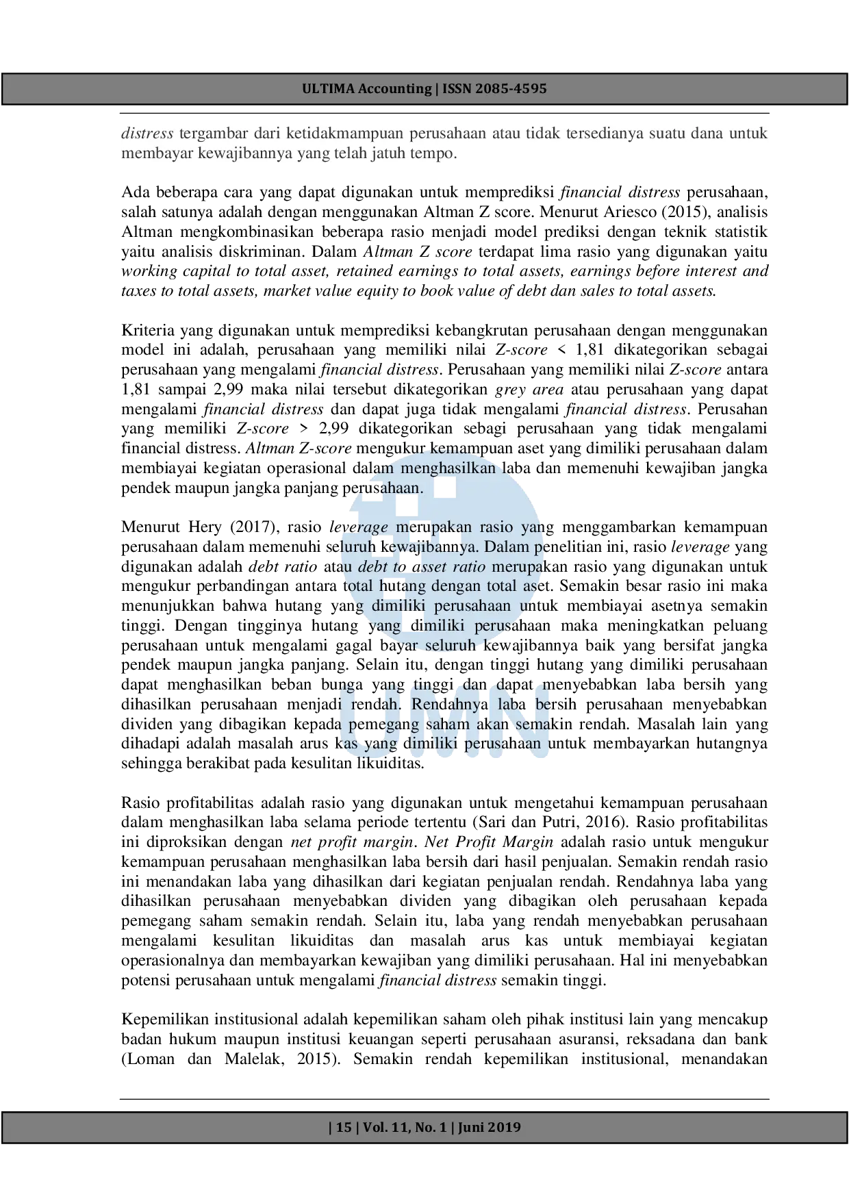 JURIS Pengaruh Leverage Profitabilitas Kepemilikan Institusional Likuiditas dan Ukuran Perusahaan Terhadap Financial Distress Studi Pada Perusahaan Manufaktur Yang Terdaftar Di Bursa Efek Indonesia Per