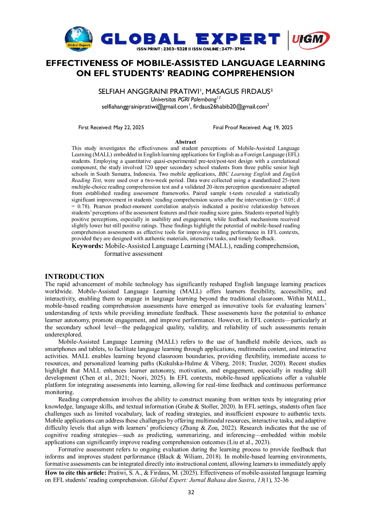 JURIS Effectiveness of Mobile Assisted Language Learning on EFL Students Reading Comprehension