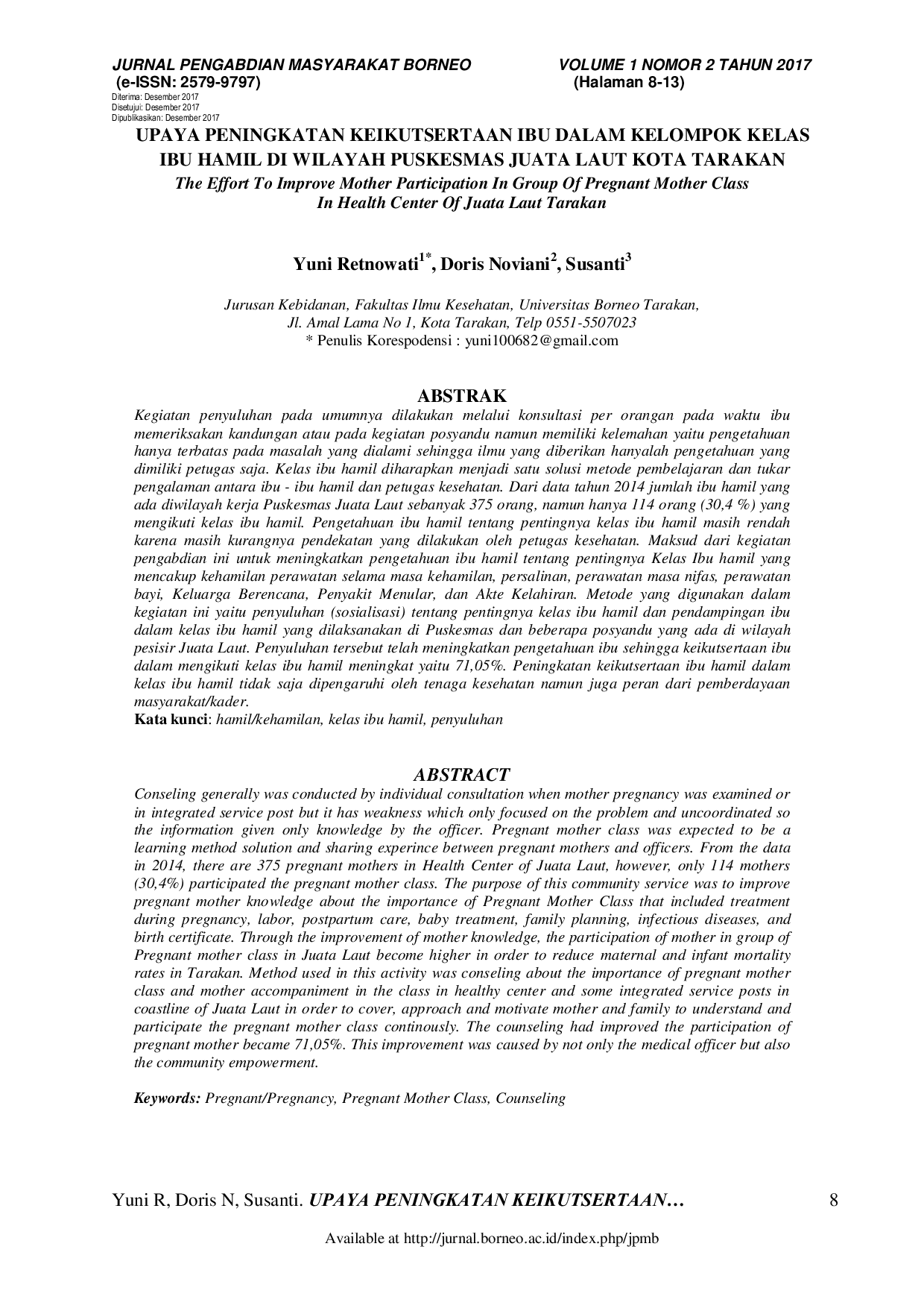 JURIS Upaya Peningkatan Keikutsertaan Ibu Dalam Kelompok Kelas Ibu Hamil Di Wilayah Puskesmas Juata Laut Kota Tarakan