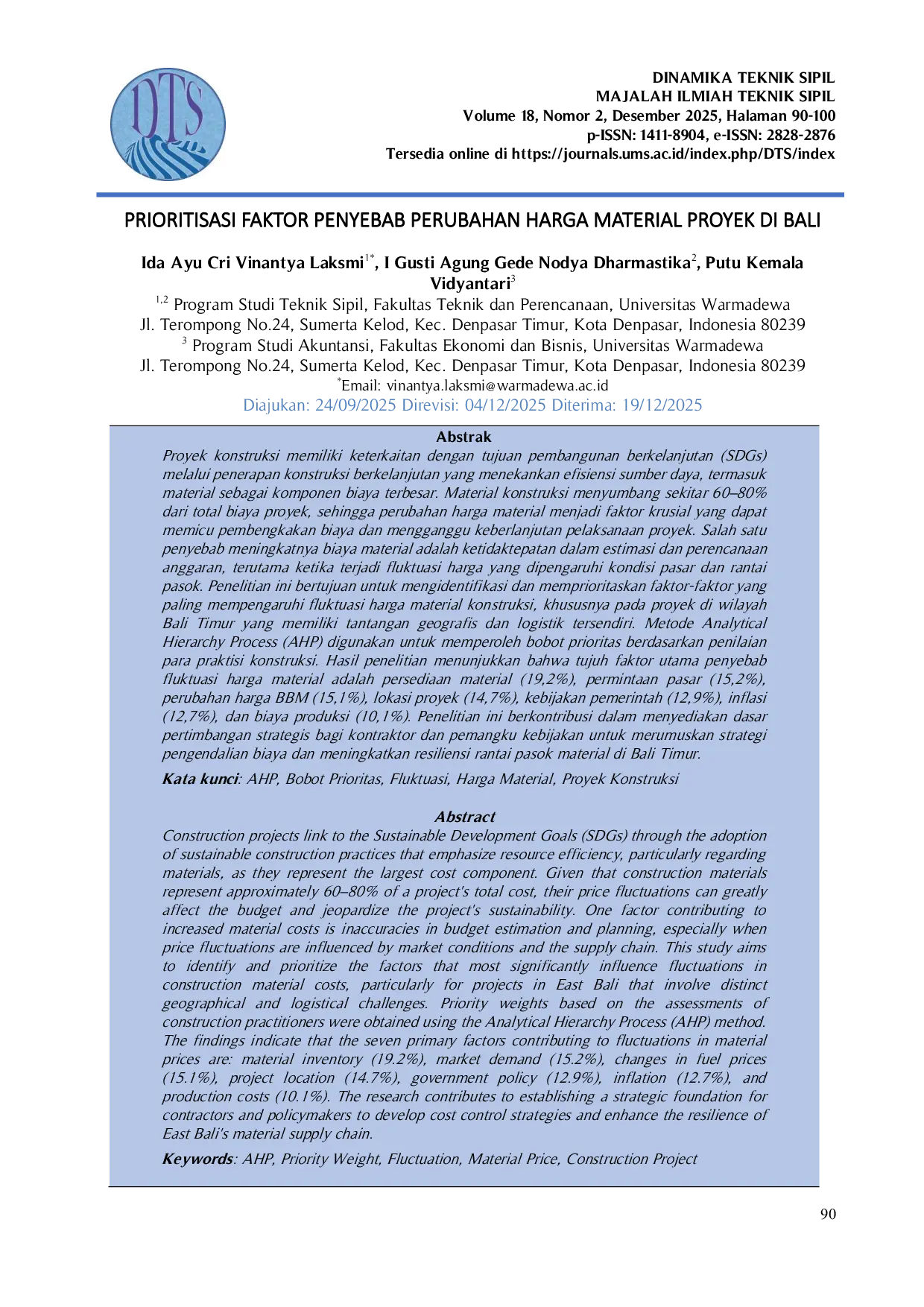 JURIS Prioritisasi Faktor Penyebab Perubahan Harga Material Proyek di Bali