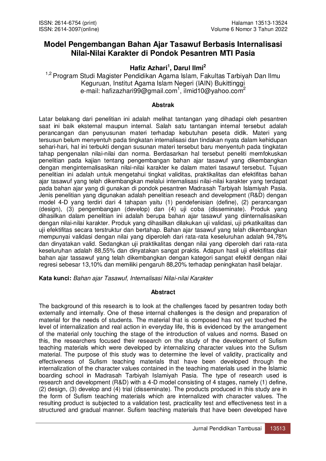 JURIS Model Pengembangan Bahan Ajar Tasawuf Berbasis Internalisasi Nilai Nilai Karakter di Pondok Pesantren MTI Pasia