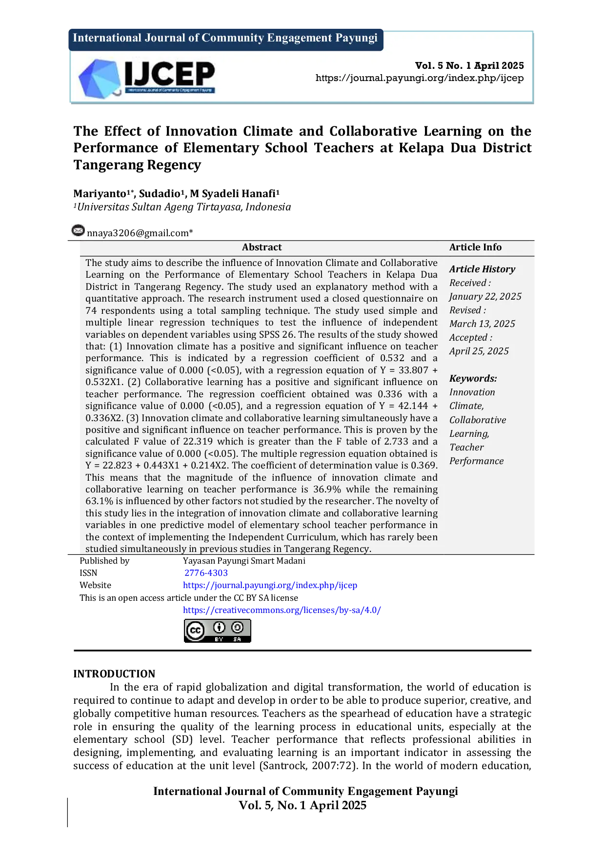 JURIS The Effect of Innovation Climate and Collaborative Learning on the Performance of Elementary School Teachers at Kelapa Dua District Tangerang Regency