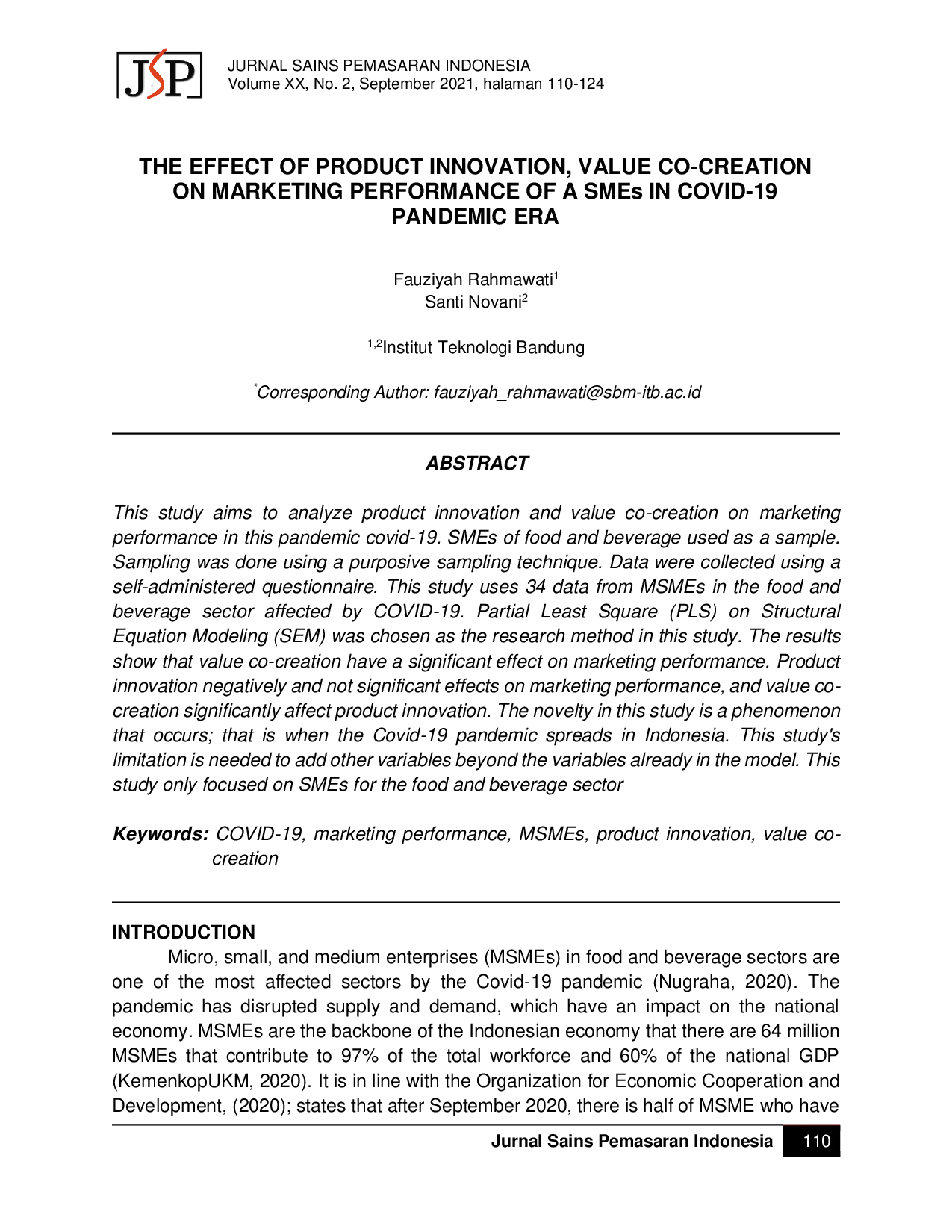JURIS The Effect of Product Innovation Value Co Creation on Marketing Performance of a SMEs in Covid 19 Pandemic Era