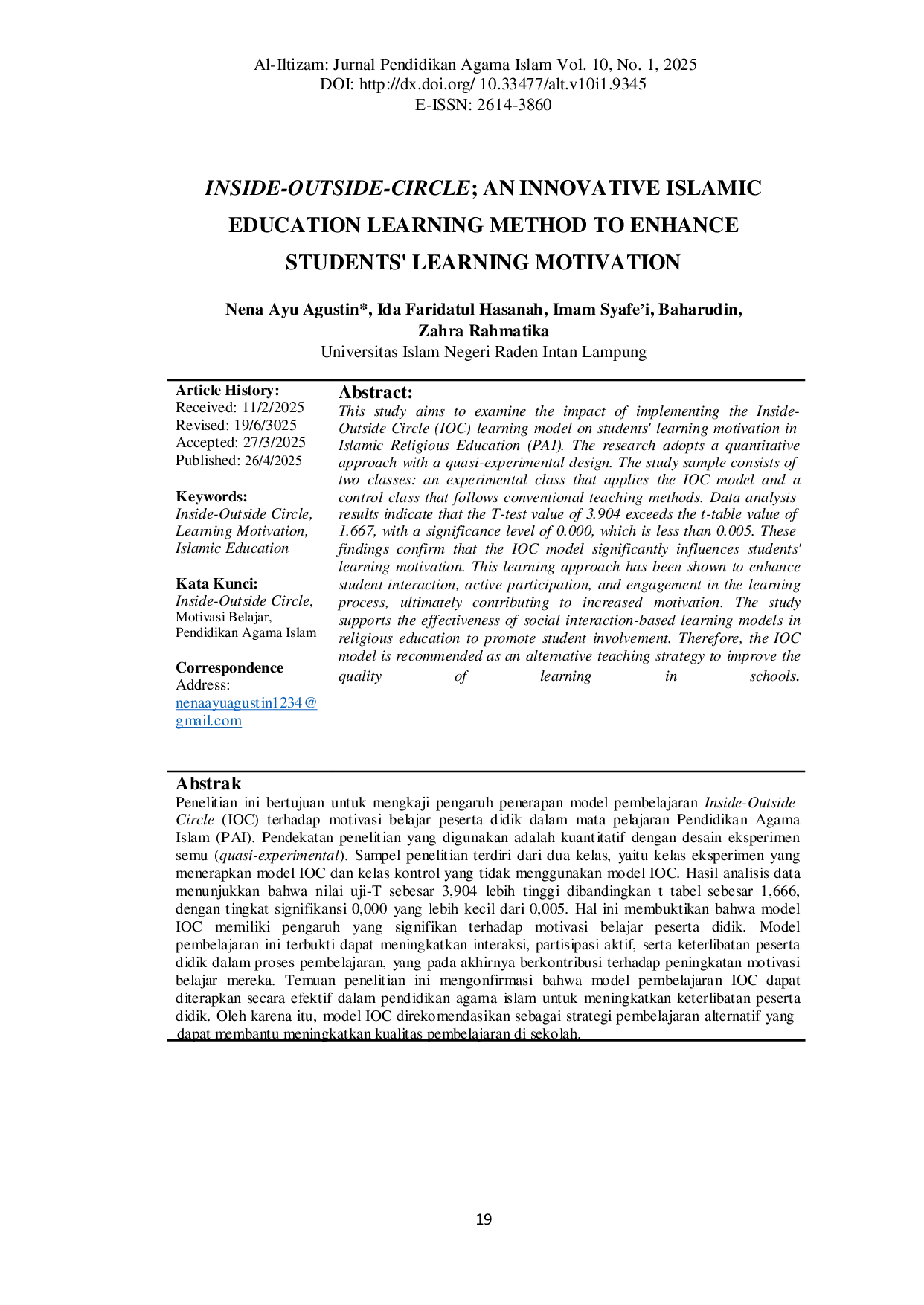 juris INSIDE OUTSIDE CIRCLE IOC INSIDE OUTSIDE CIRCLE IOC INOVASI PEMBELAJARAN PENDIDIKAN AGAMA ISLAM UNTUK MENINGKATKAN MOTIVASI BELAJAR PESERTA DIDIK 1 Model Pembelajaran Inside Outside Circle IOC