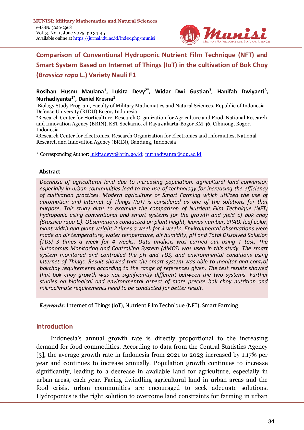 JURIS Comparison of Conventional Hydroponic Nutrient Film Technique NFT and Smart System Based on Internet of Things IoT in the cultivation of Bok Choy Brassica rapa L Variety Nauli F1