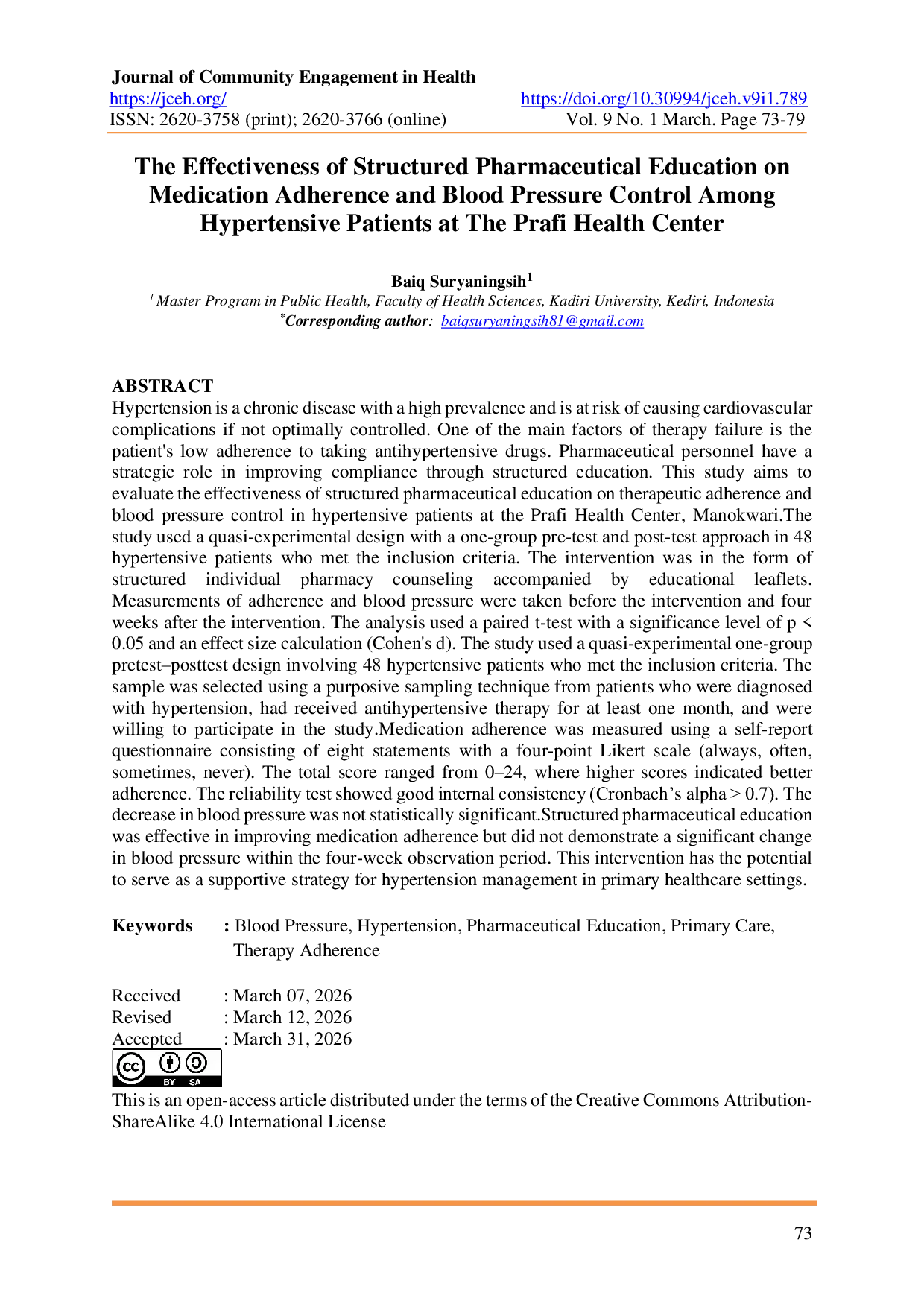 JURIS The Effectiveness of Structured Pharmaceutical Education on Medication Adherence and Blood Pressure Control Among Hypertensive Patients at The Prafi Health Center
