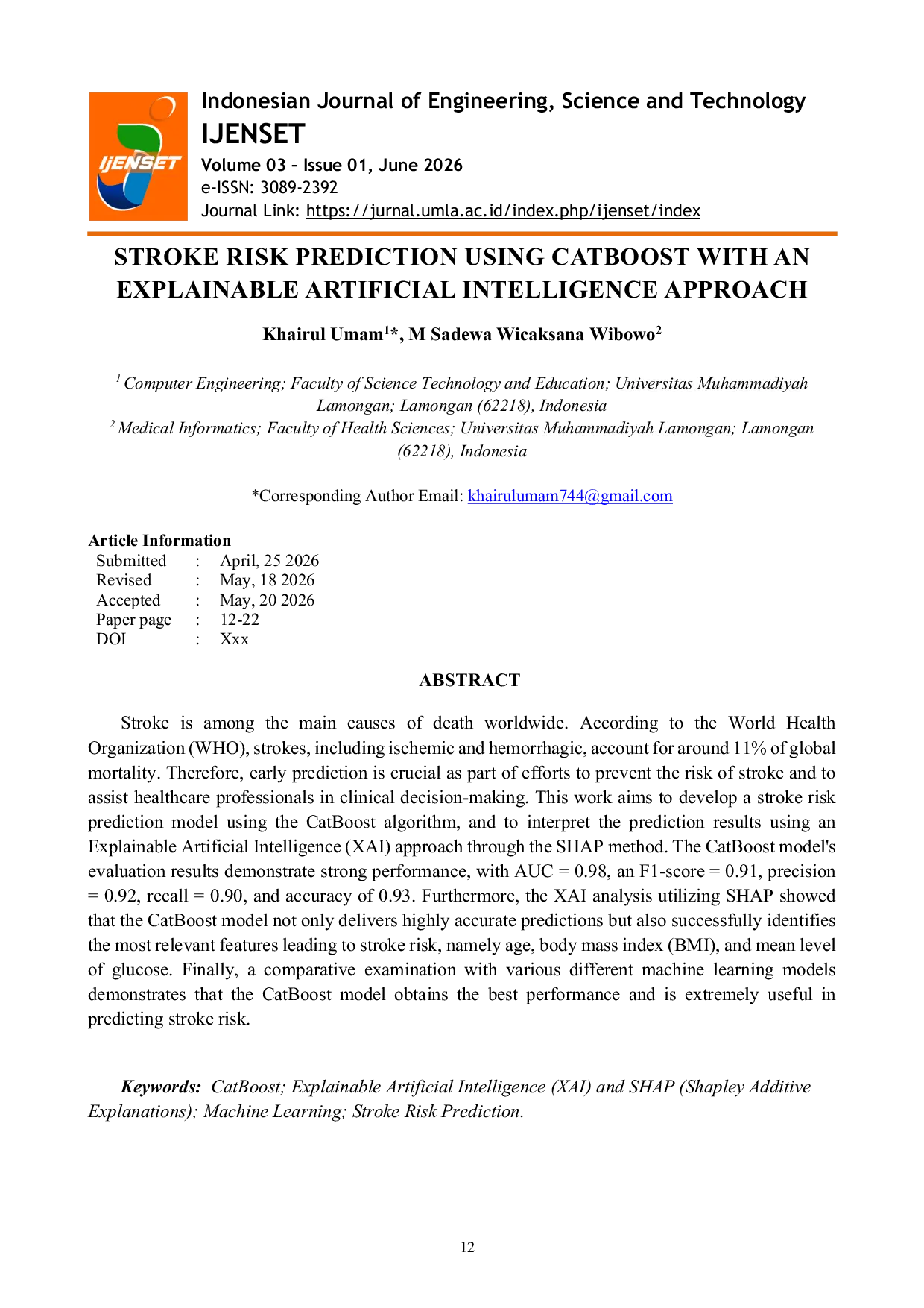 JURIS Stroke Risk Prediction Using CatBoost with an Explainable Artificial Intelligence Approach