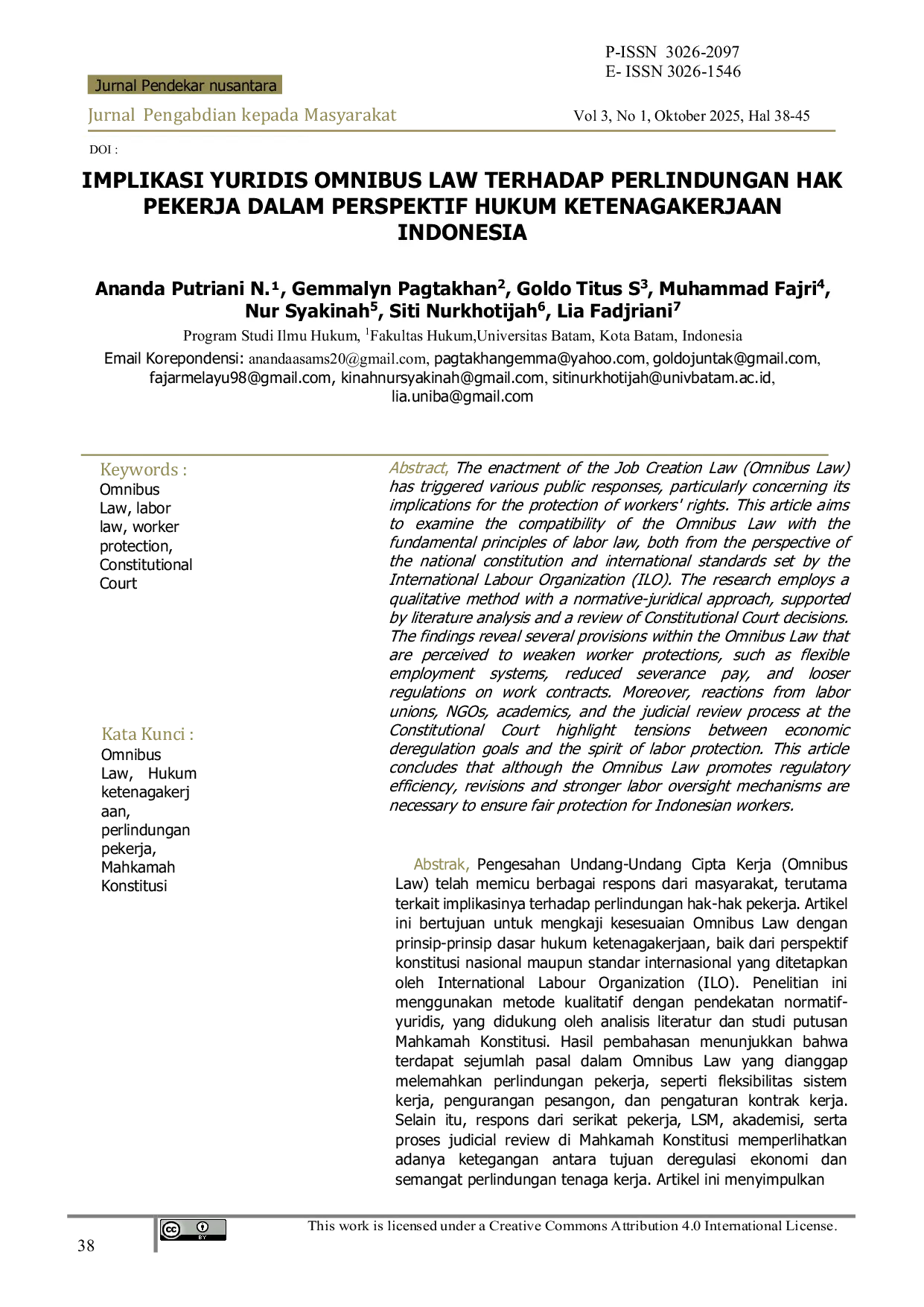 JURIS Implikasinya Yuridis Omnibus Law Terhadap Perlindungan Hak Pekerja Dalam Perspektif Hukum Ketenagakerjaan Indonesia