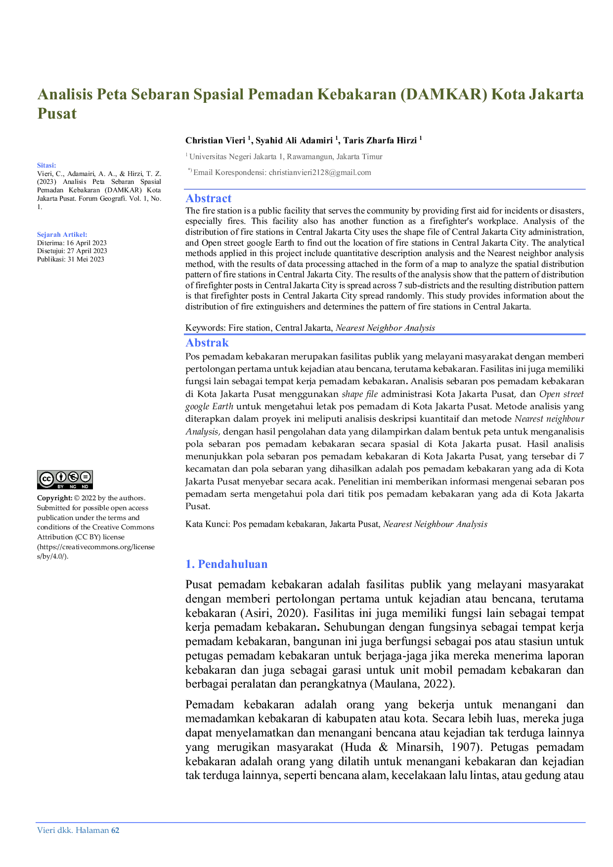 JURIS Analisis Peta Sebaran Spasial Pemadam Kebakaran DAMKAR di Kotamadya Jakarta Pusat Indonesia