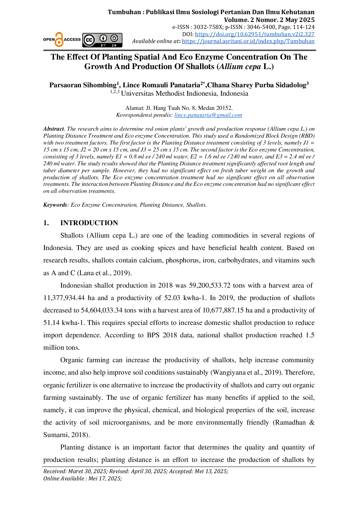JURIS The Effect Of Planting Spatial And Eco Enzyme Concentration On The Growth And Production Of Shallots Allium cepa L