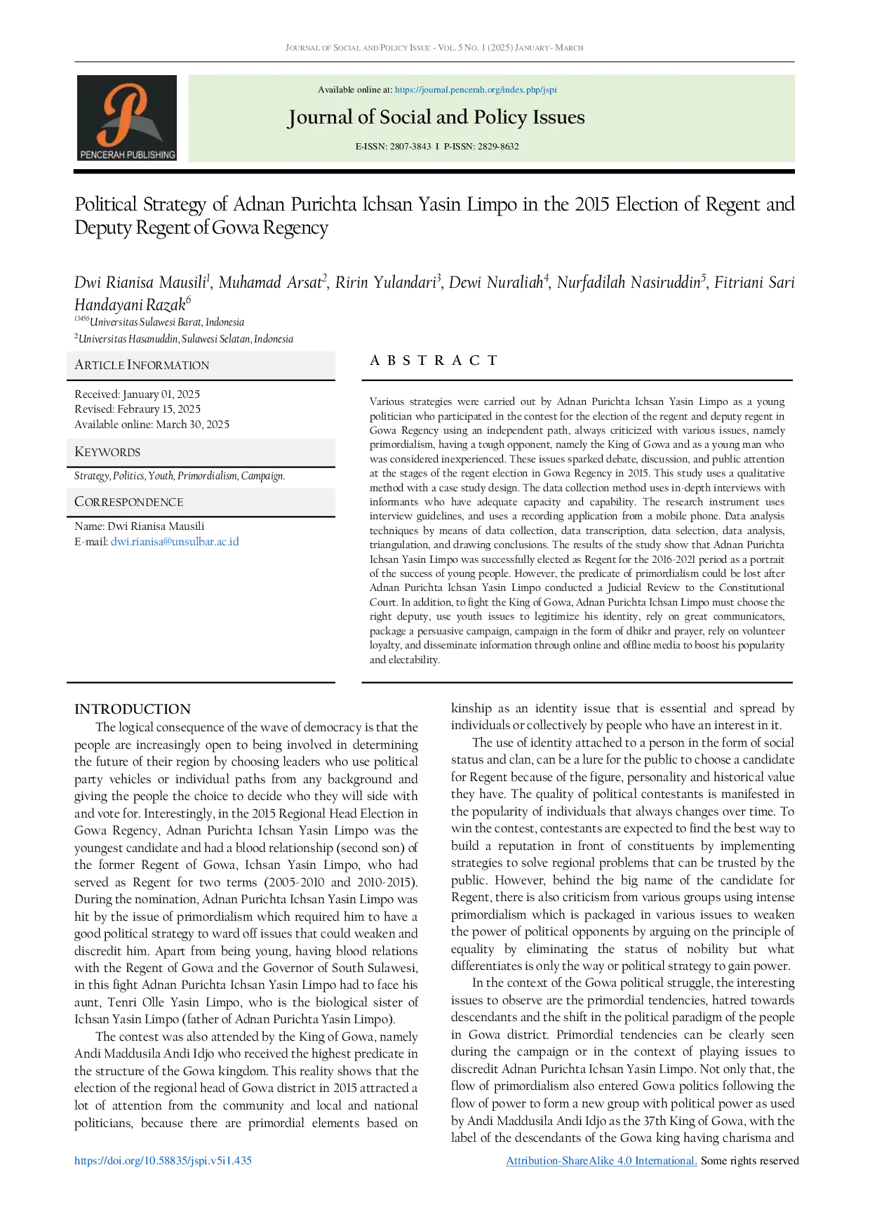 JURIS Political Strategy of Adnan Purichta Ichsan Yasin Limpo in the 2015 Election of Regent and Deputy Regent of Gowa Regency
