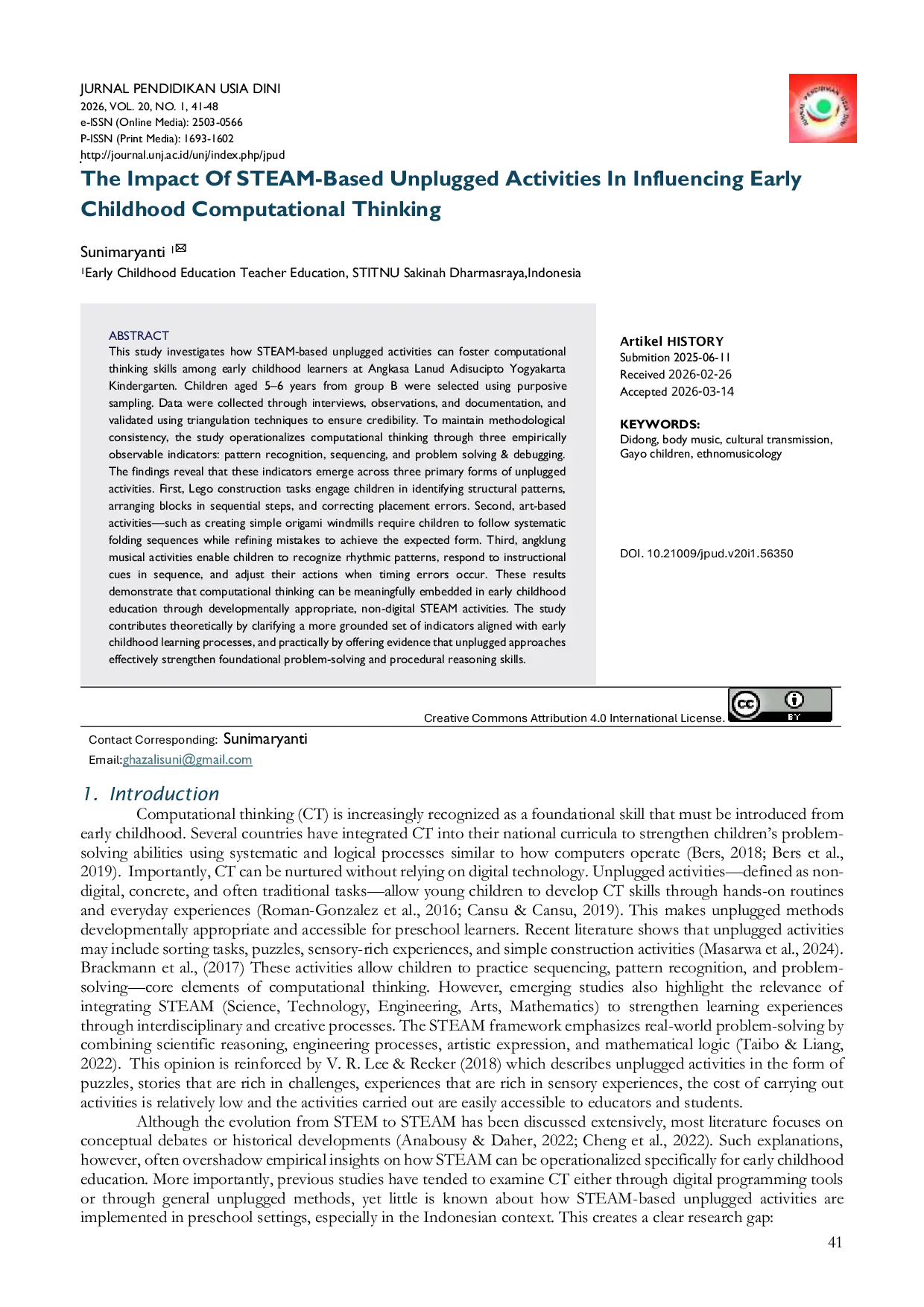 JURIS The Impact Of STEAM Based Unplugged Activities In Influencing Early Childhood Computational Thinking