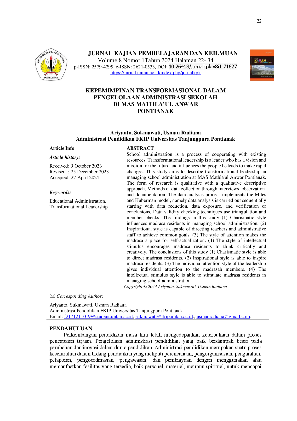 juris Kepemimpinan Transformasional Dalam Pengelolaan Administrasi Sekolah Di Mas Mathla ul Anwar Pontianak