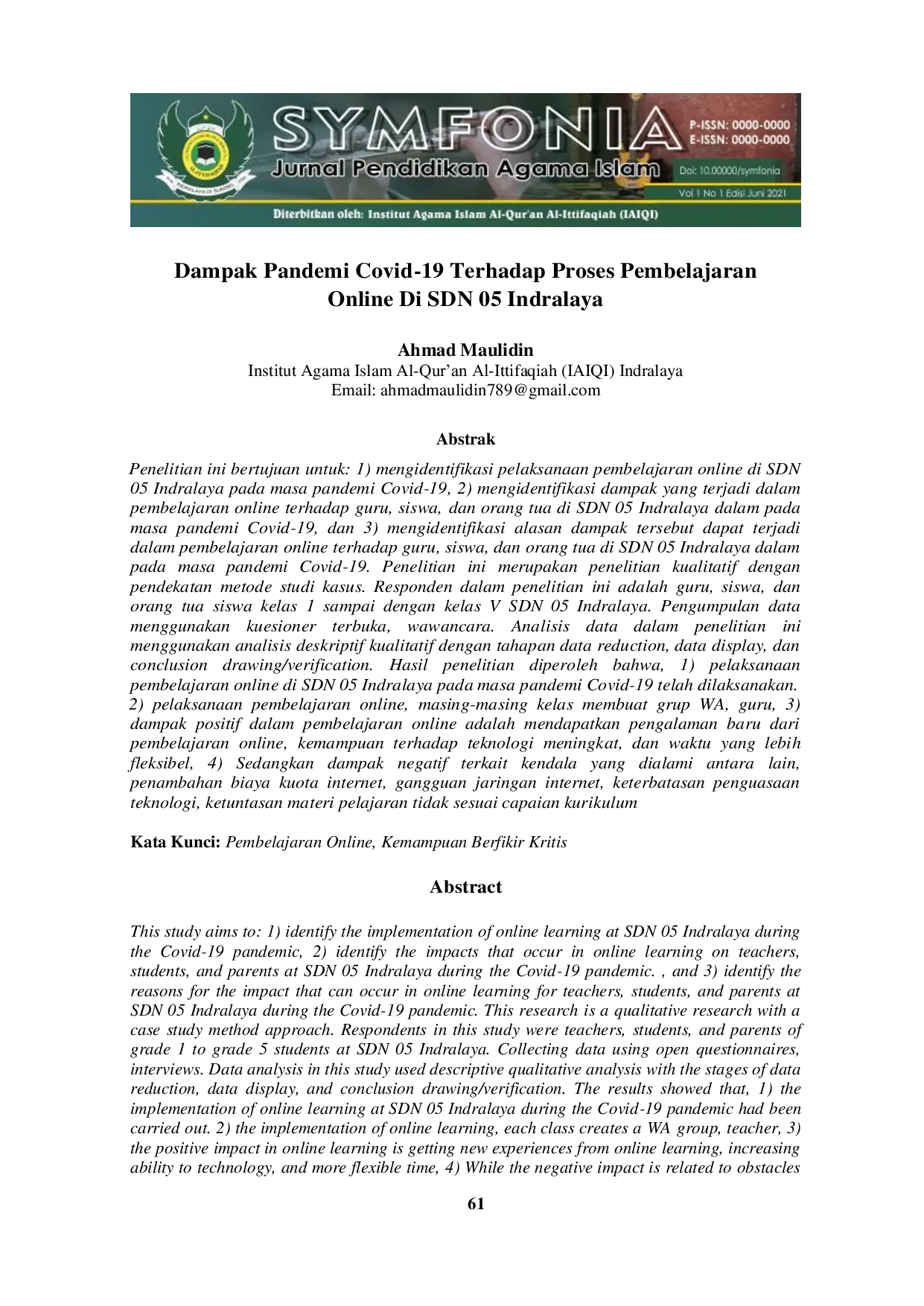 JURIS Dampak Pandemi Covid 19 Terhadap Proses Pembelajaran Online Di SDN 05 Indralaya