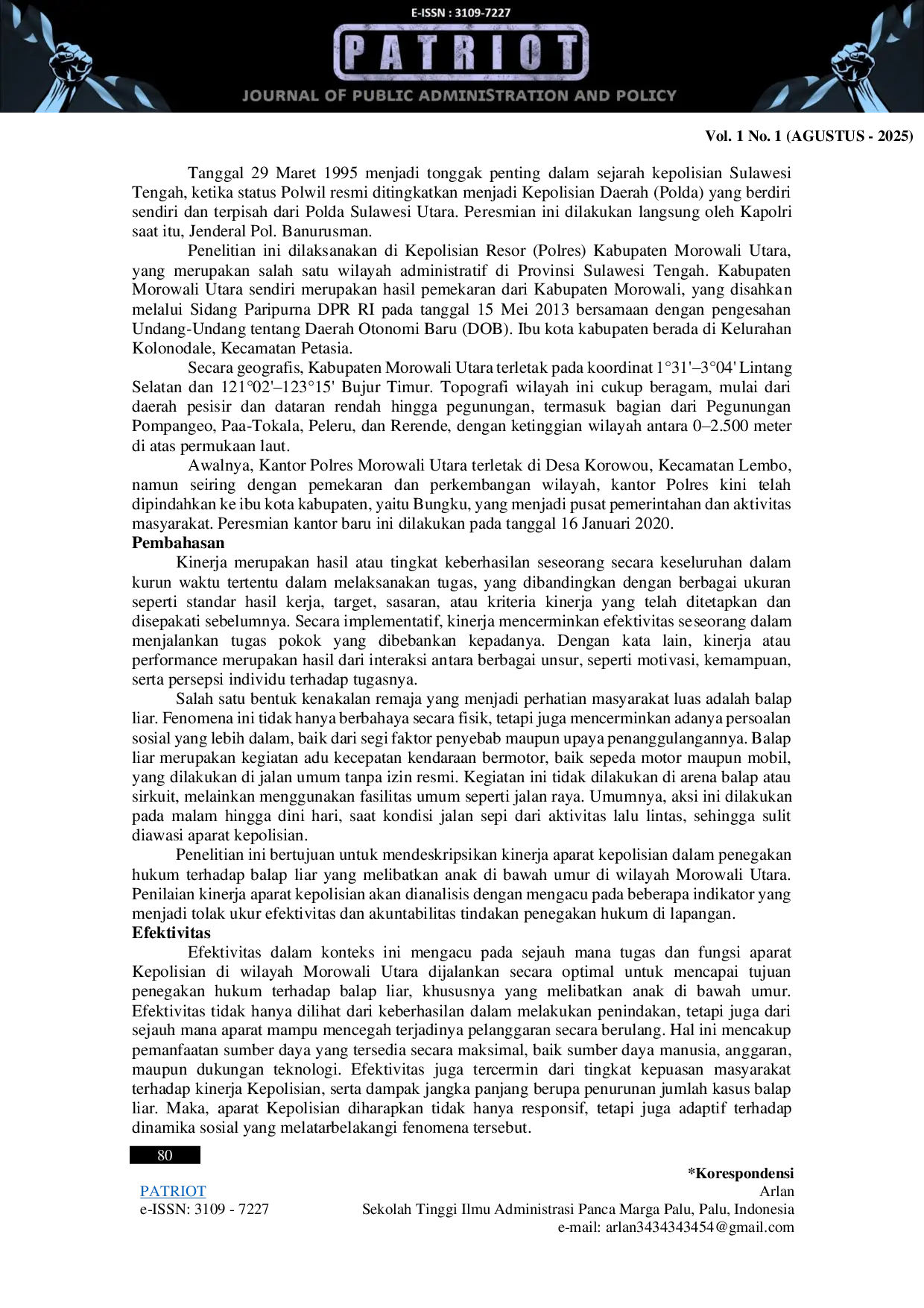 JURIS Kinerja Aparat Kepolisian dalam Penegakan Hukum Balap Liar Motor Anak di Bawah Umur di Wilayah Morowali Utara