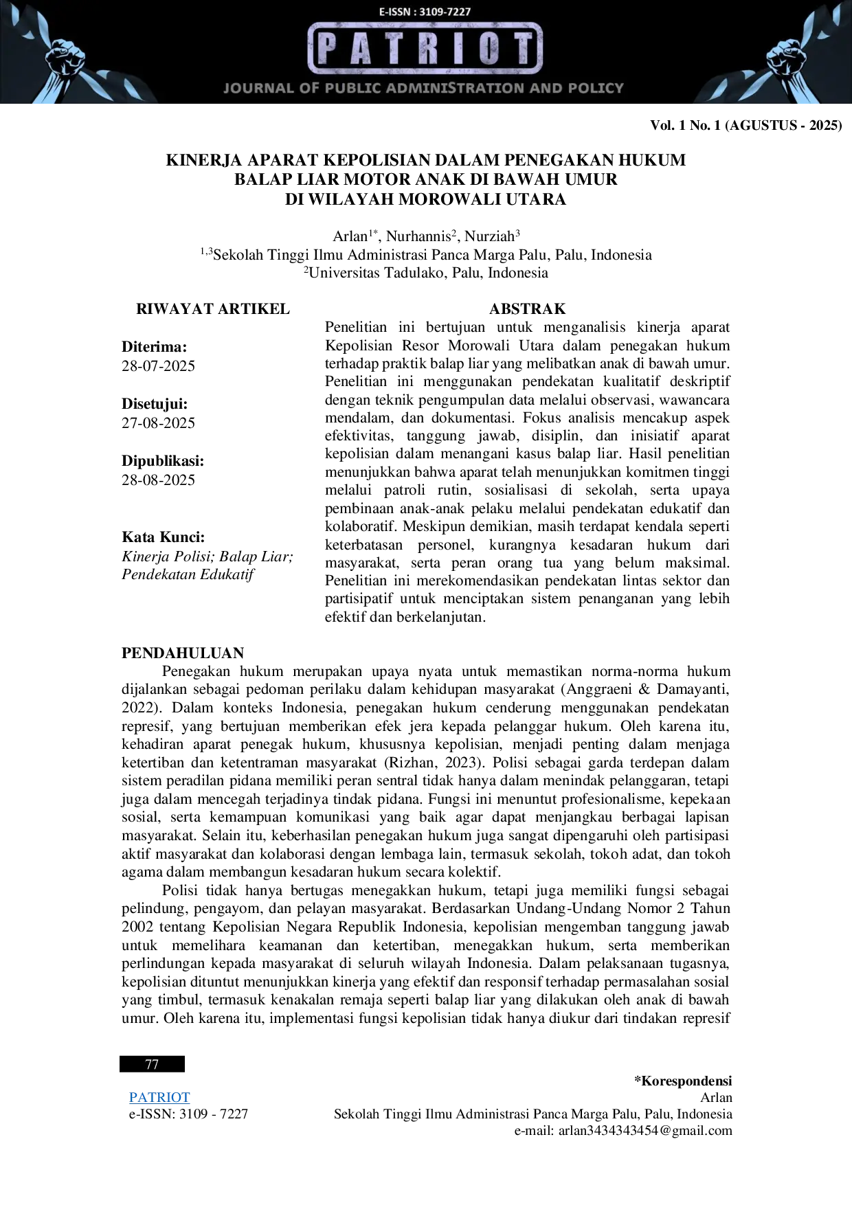 JURIS Kinerja Aparat Kepolisian dalam Penegakan Hukum Balap Liar Motor Anak di Bawah Umur di Wilayah Morowali Utara